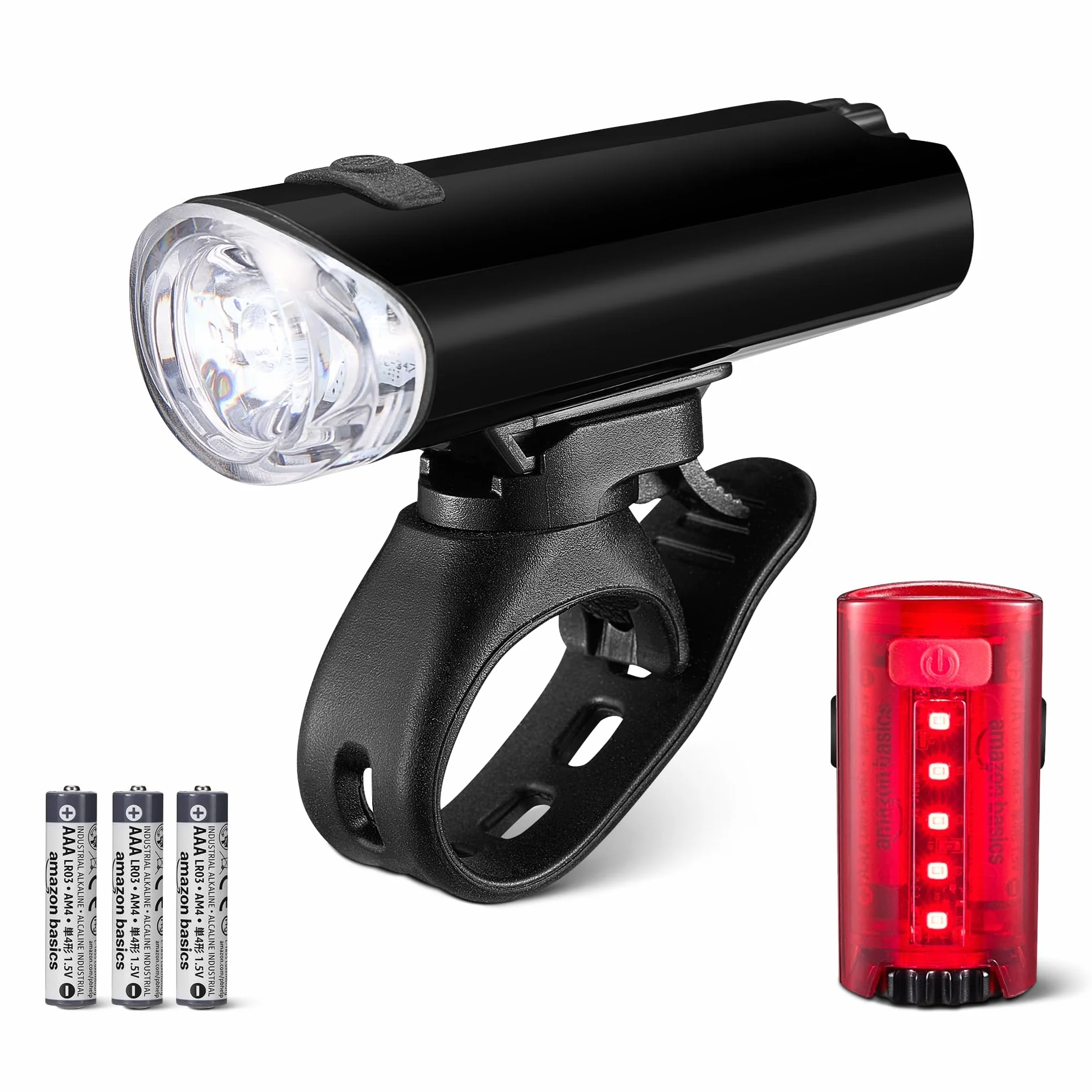 Amazon Basics Set d'Éclairage Vélo LED avec Phare 100 Lumens et Feu Arrière 10 Lumens - Lampes de Vélo Étanches à 3 Modes avec Supports - Piles Incluses - Noir et Rouge
