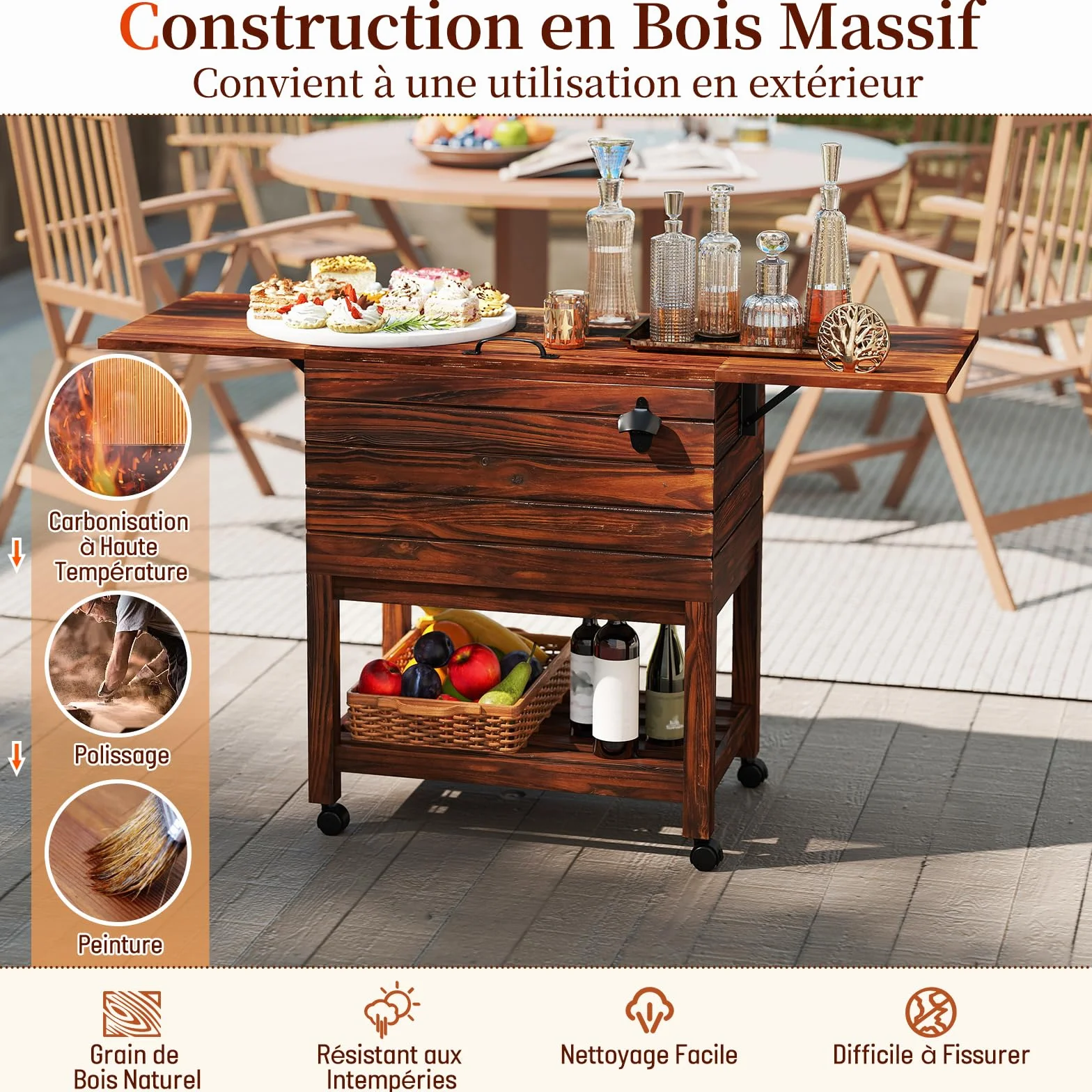 GOPLUS Desserte Glacière Bar Roulante Chariot Jardin 50 L 127 x 42,5 x 74 cm