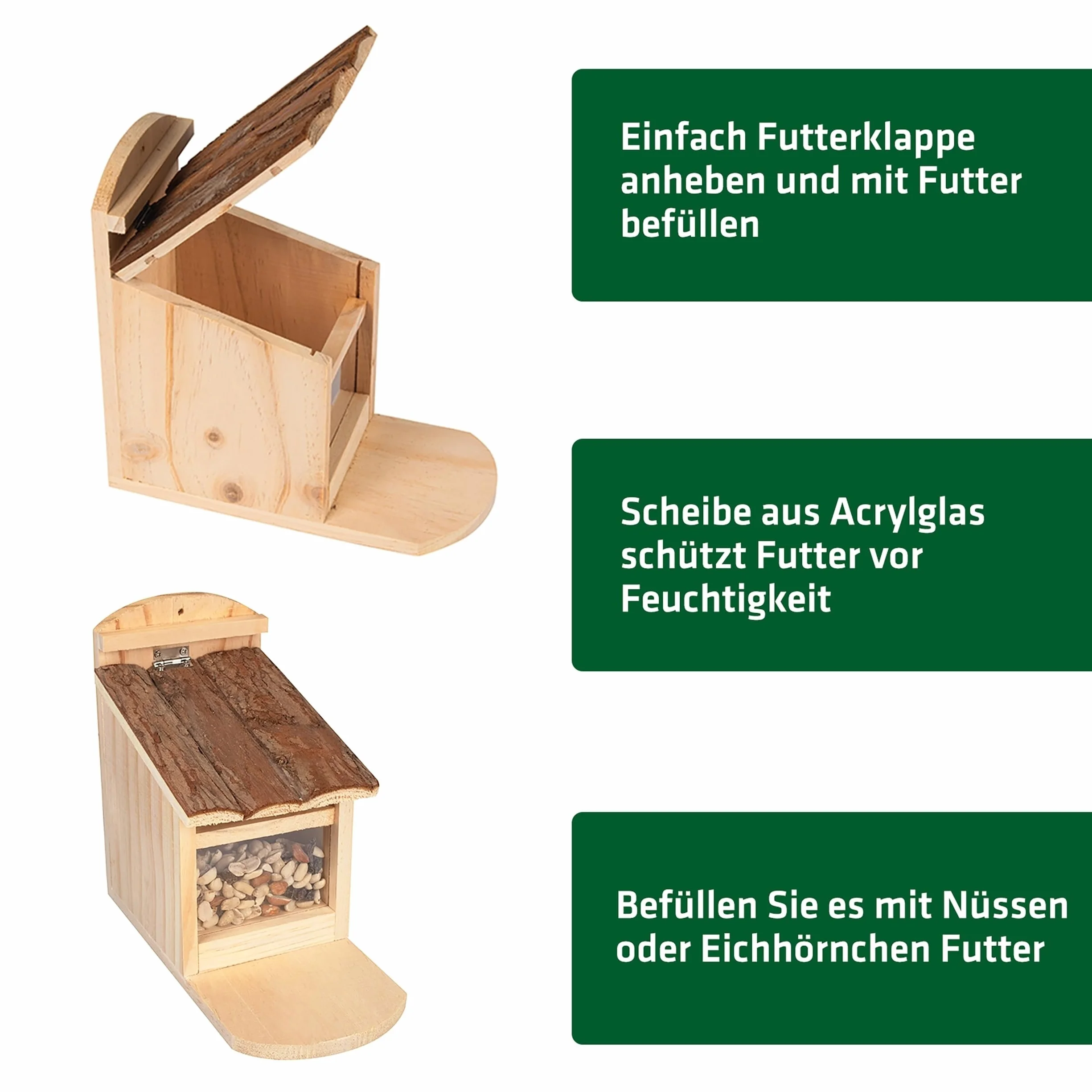 GARDIGO Mangeoire Écureuil Extérieur avec Toit Ouvrant Distributeur Nourriture en Bois