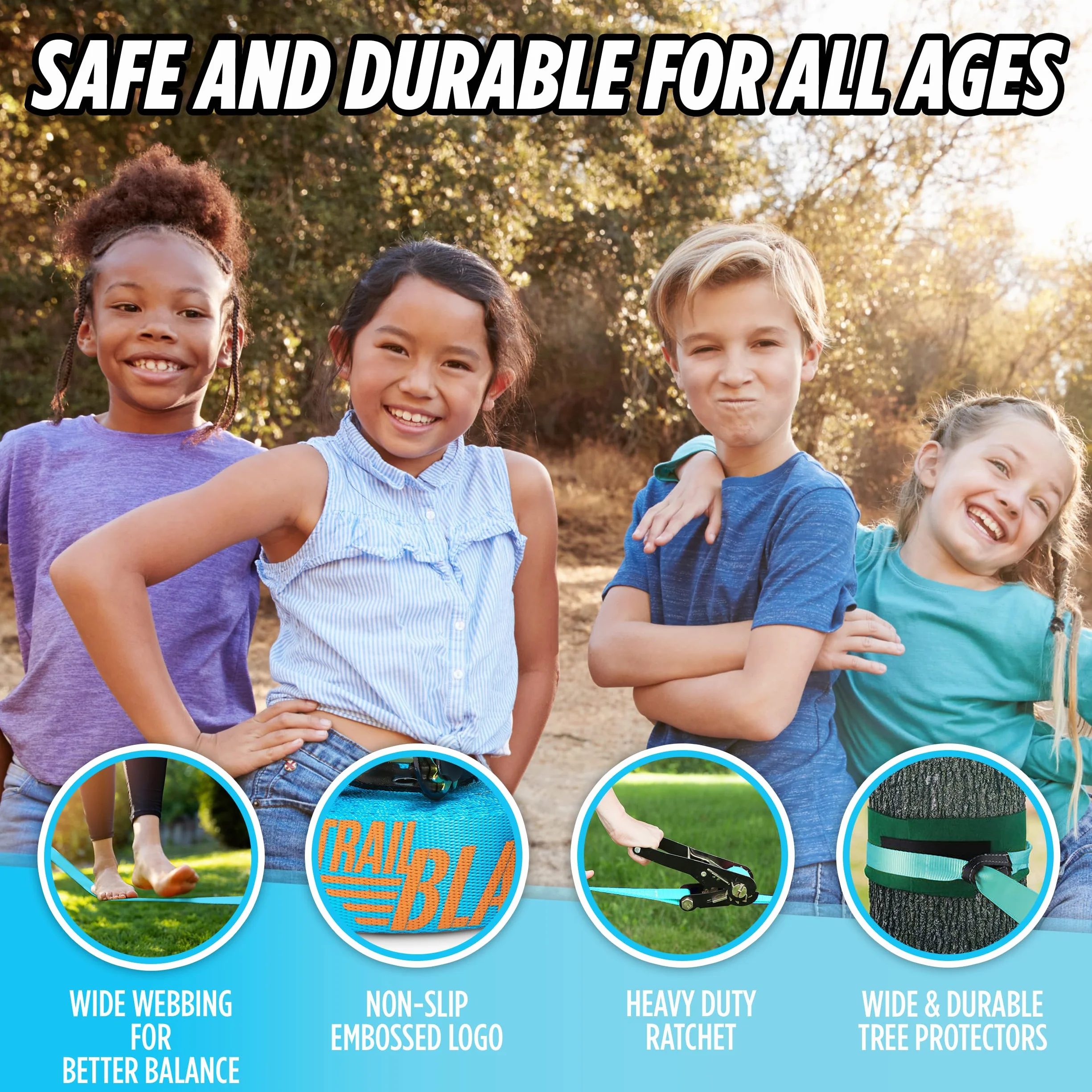 Premium Slackline Kit - Slackline Set 15 m avec Protecteurs d’Arbre Couvertures à Cliquet + Sac de Transport - Parfait Activité Fun en Plein air pour Les Enfants et la Famille