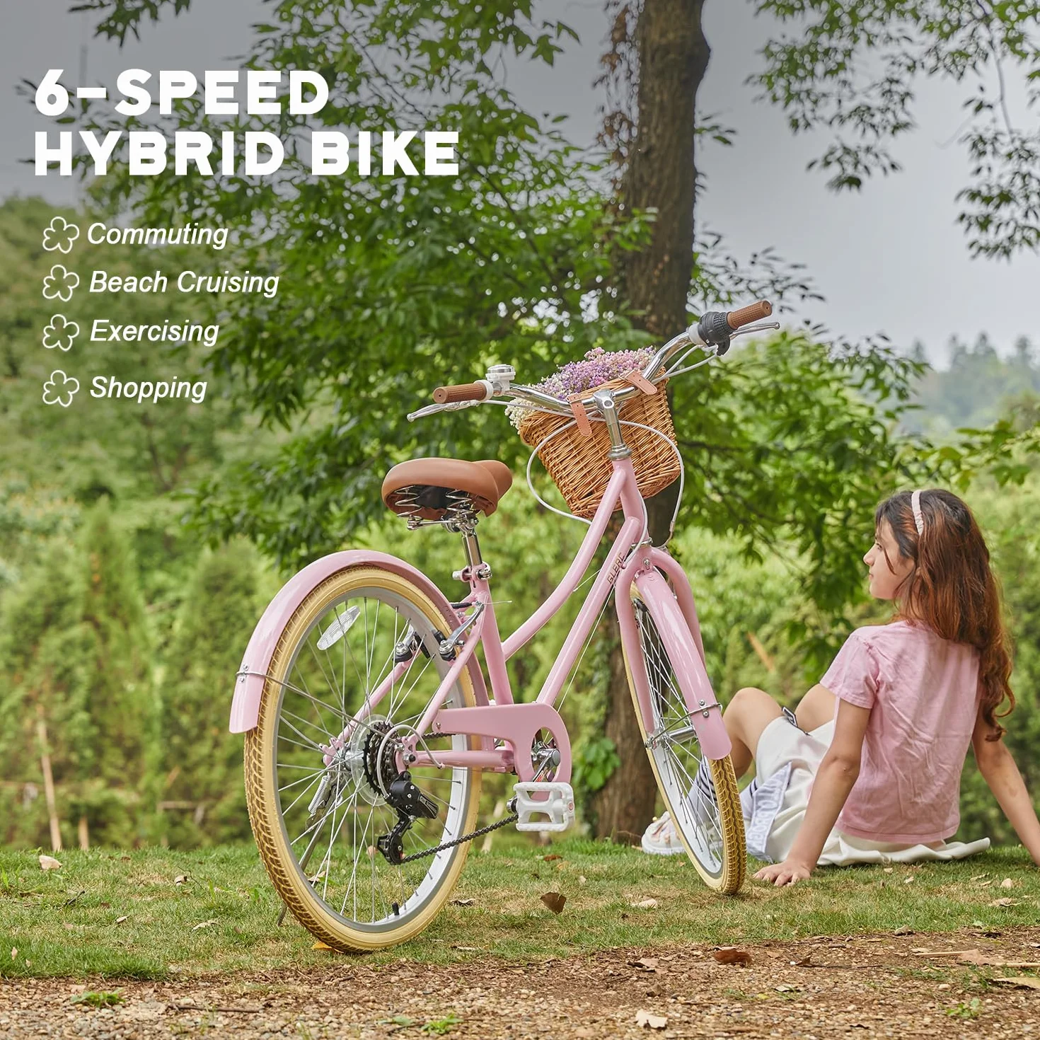 Glerc Missy Vélo de Ville Hybride 20" 24" 26" 6 Vitesses pour Jeunes Filles de Plus de 8 Ans avec Panier en Osier et léger, Plusieurs Couleurs