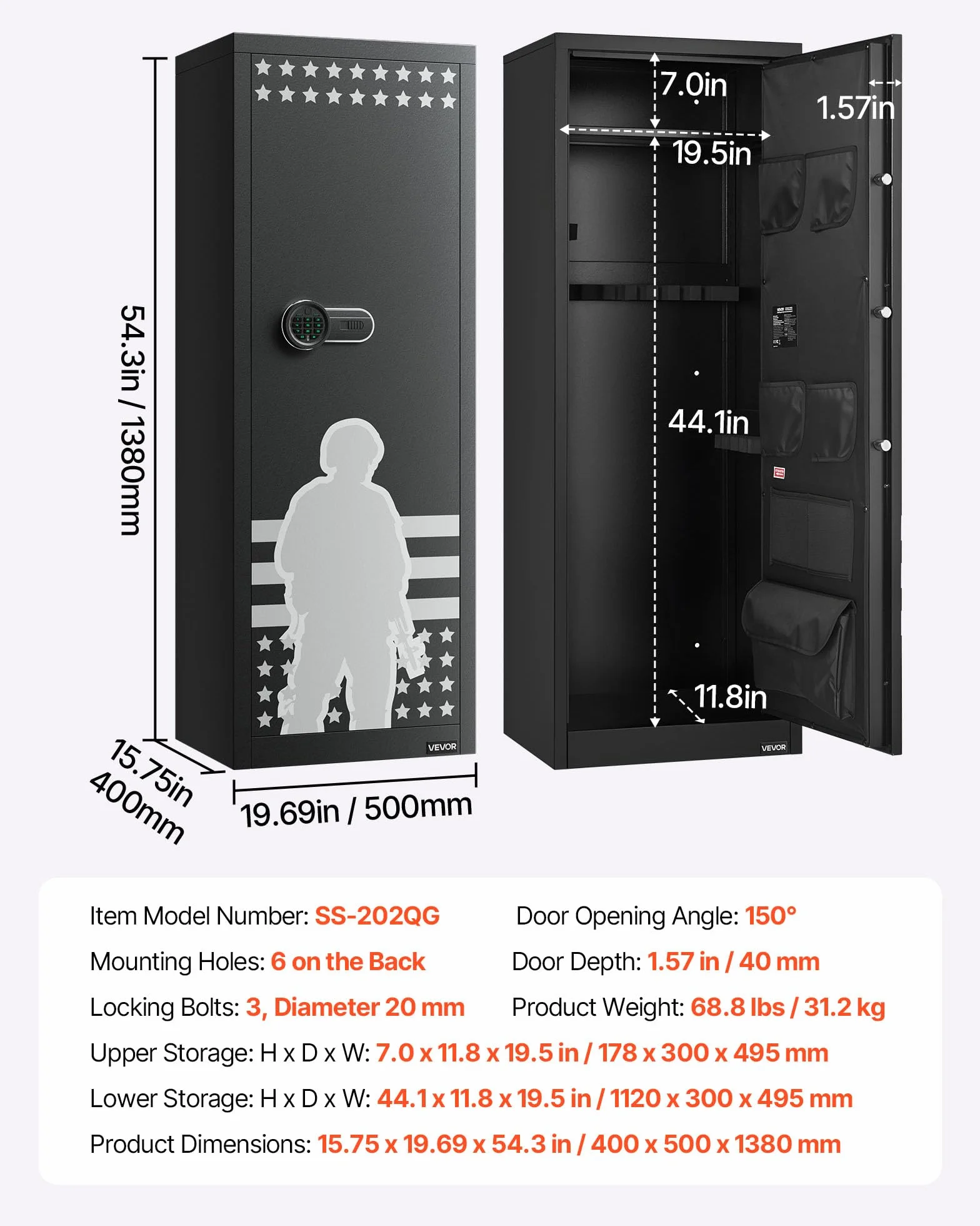 VEVOR Armoire à 10-12 Fusils, Coffre-Fort pour Armes à Feu 2 Façons de Verrouillage par Clavier Numérique et Clés, avec 4 Poches pour Pistolets et 3 Supports Réglables, Accès Rapide, pour Domicile
