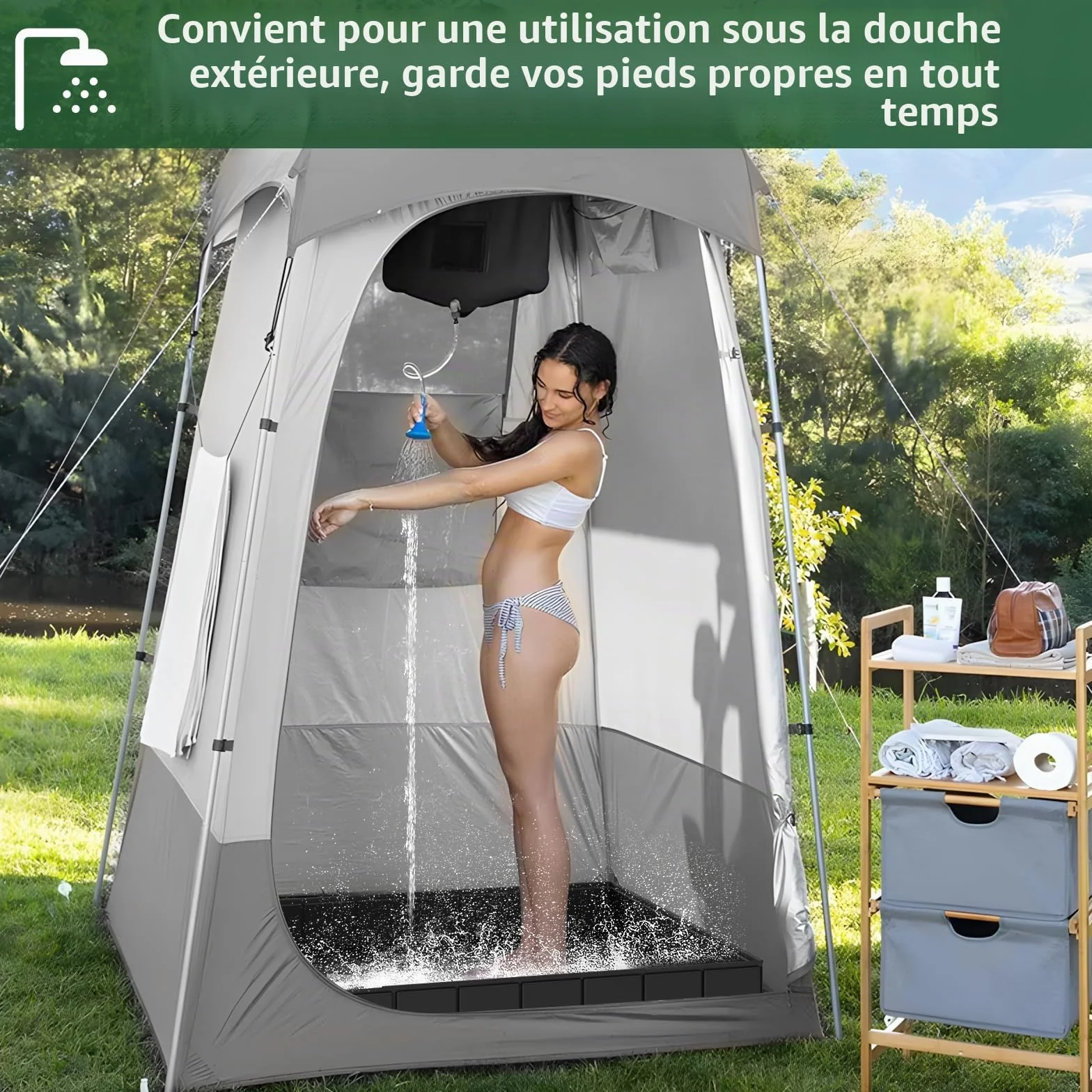 Pliable Base de Douche, 104x104x13cm Grand Receveur de Douche Portable avec Drain, Base de Douche de Camping, intérieur et extérieur Tente de Camping Plateau de Douche Base d'auvent