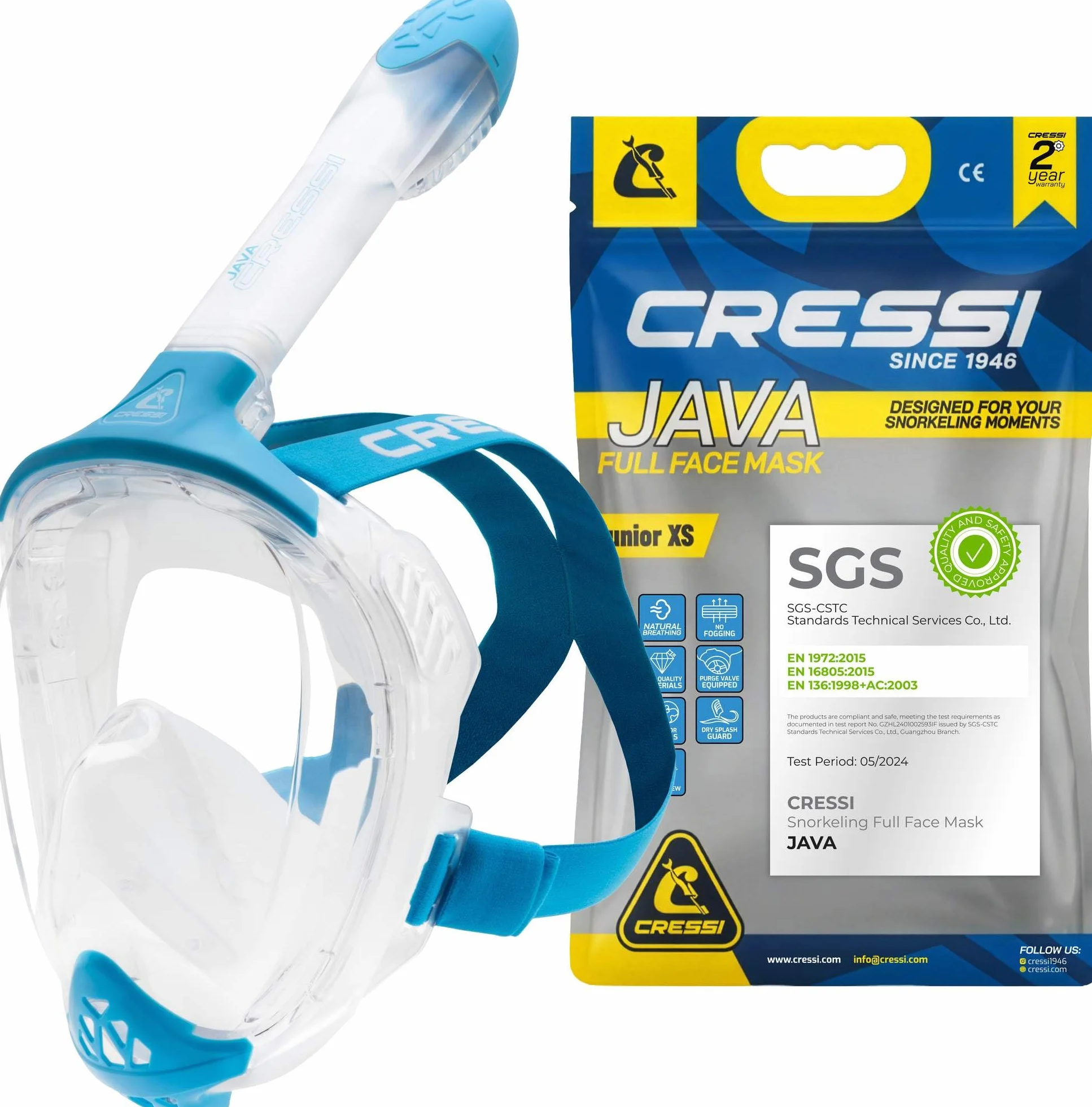 CRESSI Java Full Face Mask Masque Intégral Snorkeling Lentille Anti Buée Ultra Claire 100% Silicone Tuba Sec