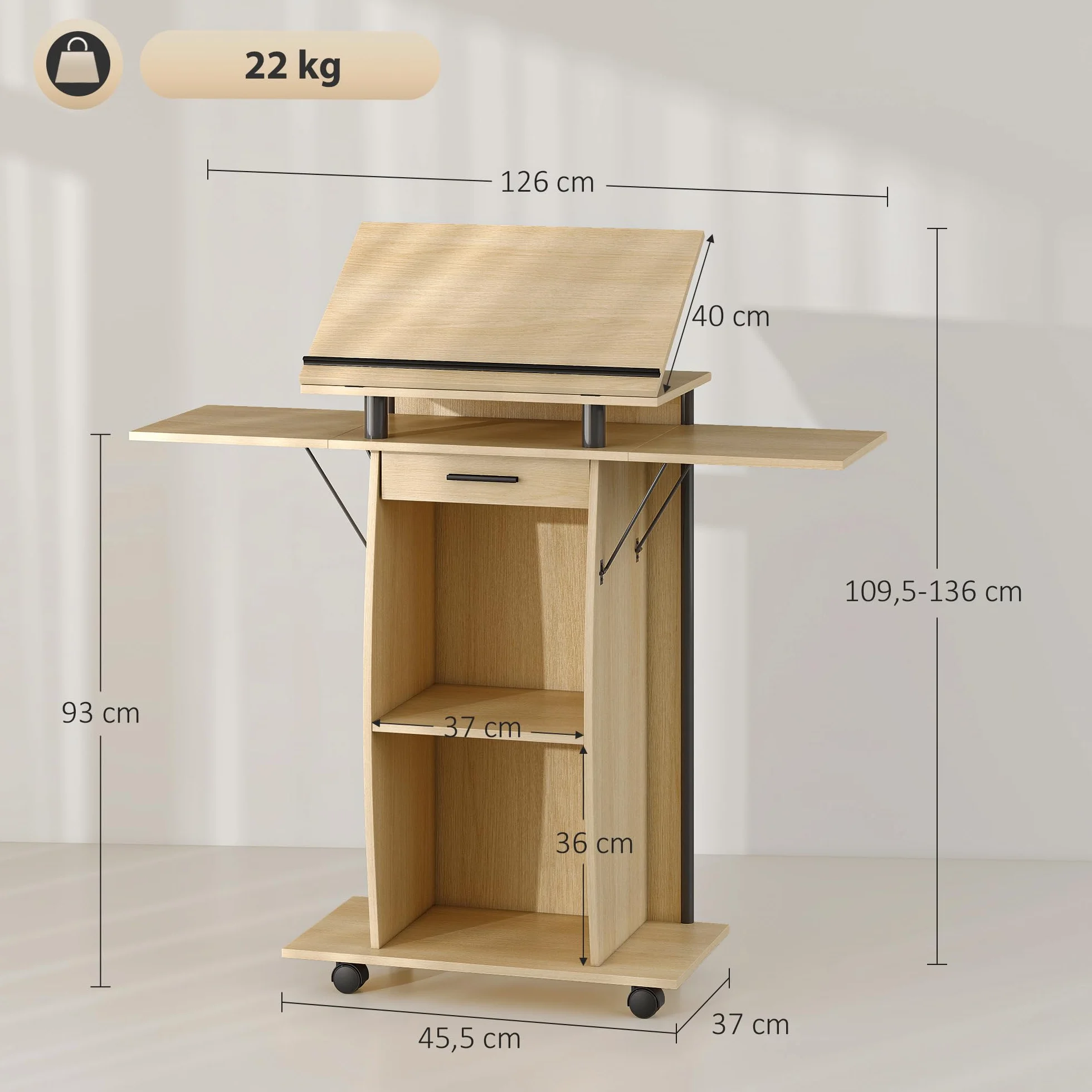 HOMCOM Podium avec roulettes ailes latérales pliantes support inclinable tiroir chêne 126 x 37 x 136 cm