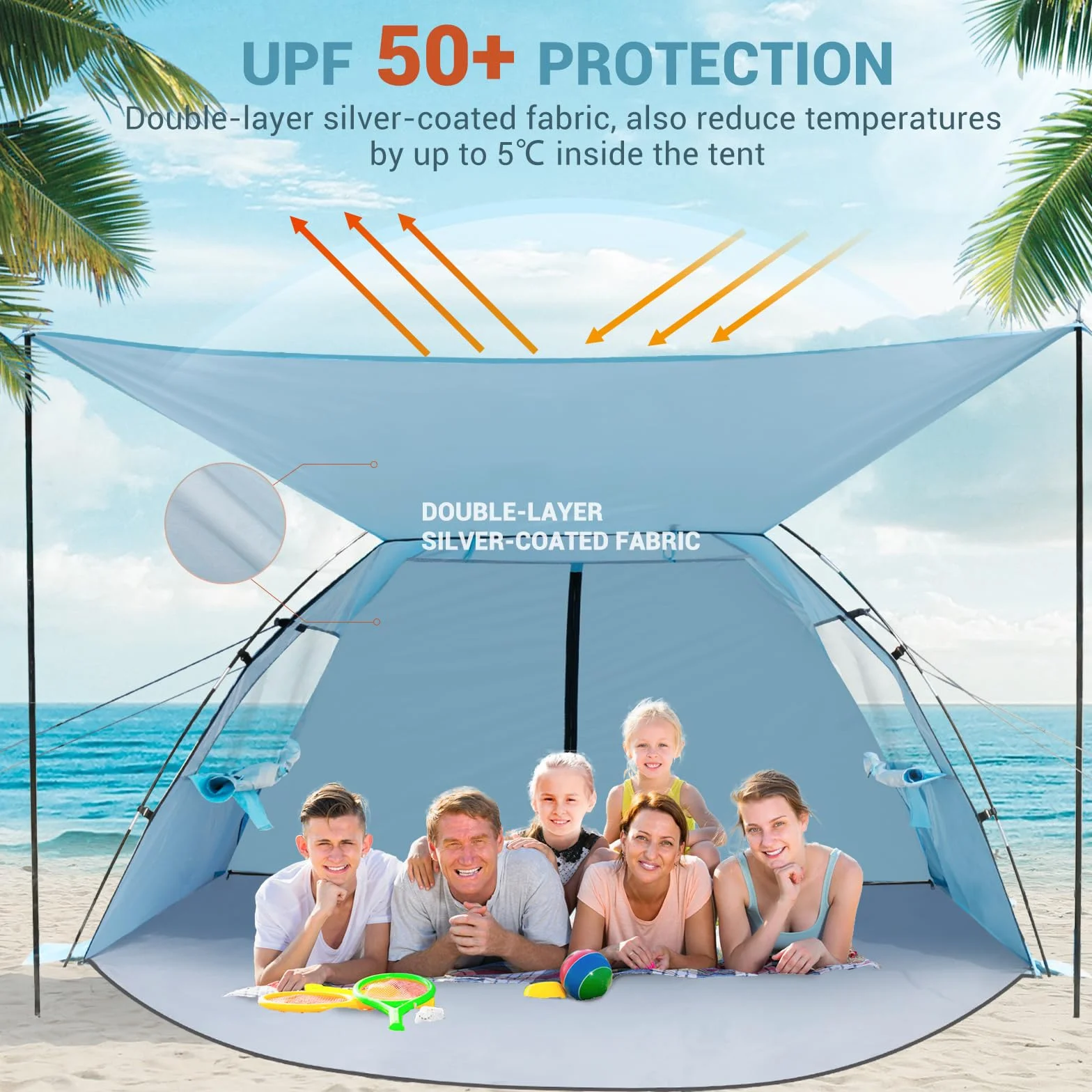 Elegear Tente de Plage Anti UV UPF 50+, Tente de Camping Famille avec Auvent pour 6-7 Personnes Ultralight Portable Abri de Plage avec Sac de Transport pour Extérieure Parc Pêche, 260*165*150CM, Bleu