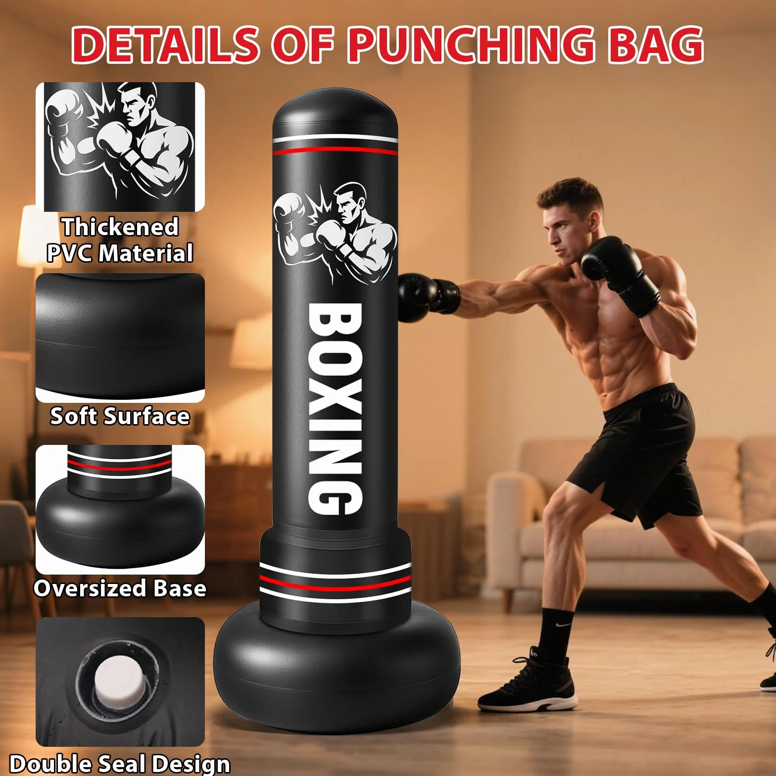 Sac de Frappe Adultes, 190cm Gonflable Punching Ball avec Gants Pompe à Air, Sac de Boxe sur Pied Enfants pour MMA Karaté Fitness Equipement de Boxe Idéal Cadeau Femmes et Hommes