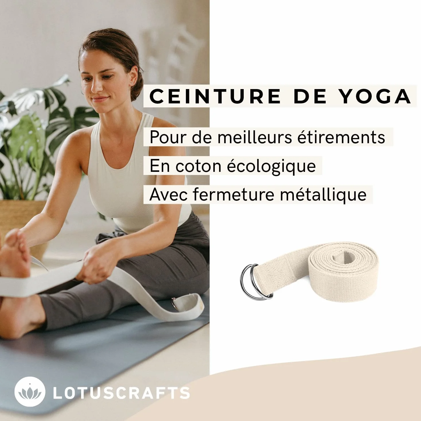 LOTUSCRAFTS Sangle de yoga, Ceinture de yoga, 100% coton bio, pour un meilleur étirement, pour débutants et avancés, 250 x 3,8 cm