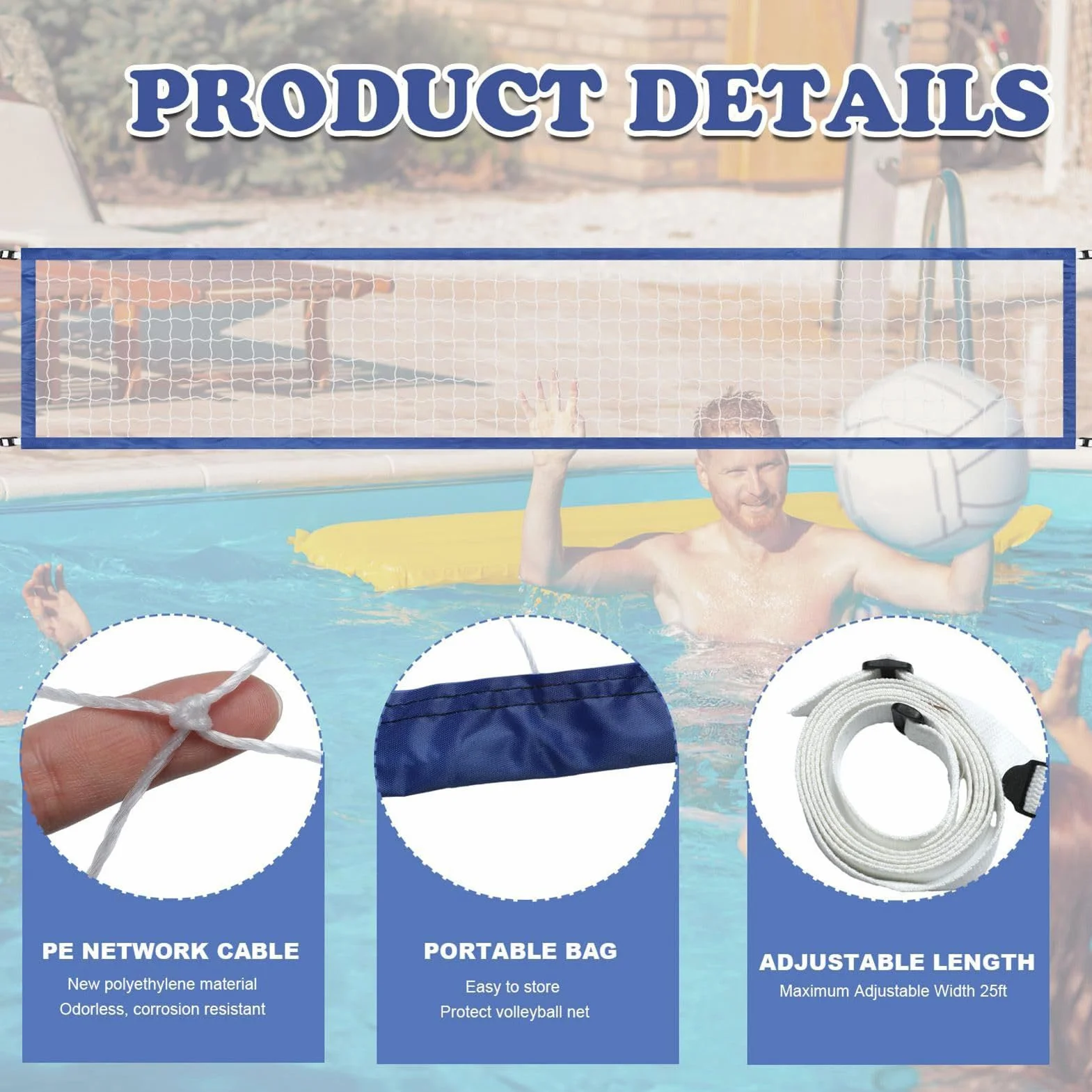 Filet de volley-ball aquatique 4 m – Séparateur de piscine portable en maille pour sports aquatiques