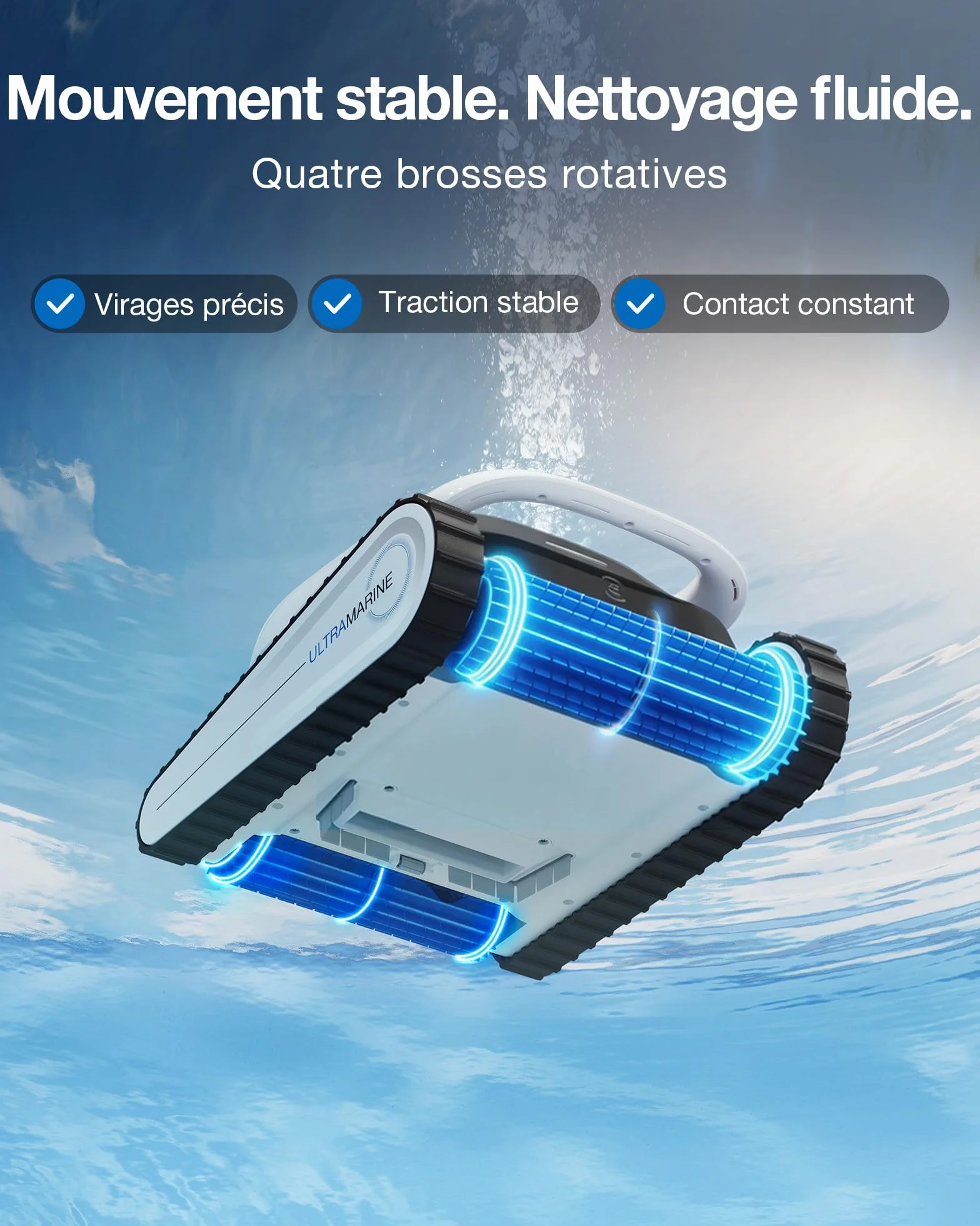 ECOVACS Ultramarine P1 Robot Piscine Nettoyage Fond et Parois, Aspirateur Piscine 180 Min, 180 m², 300 L/Min, Application, Filtre Double Couche, Navigation SmartNavi