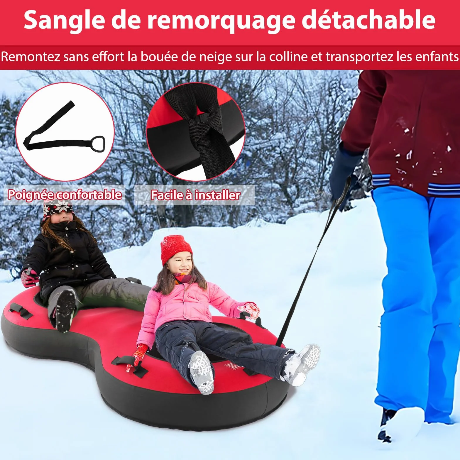 COSTWAY Luge Bouée Gonflable, Traîneau à Neige Robuste en Caoutchouc avec Fond Rigide Sangle de Remorquage Siège Rembourré Pompe de Gonflage, pour Enfants Adultes