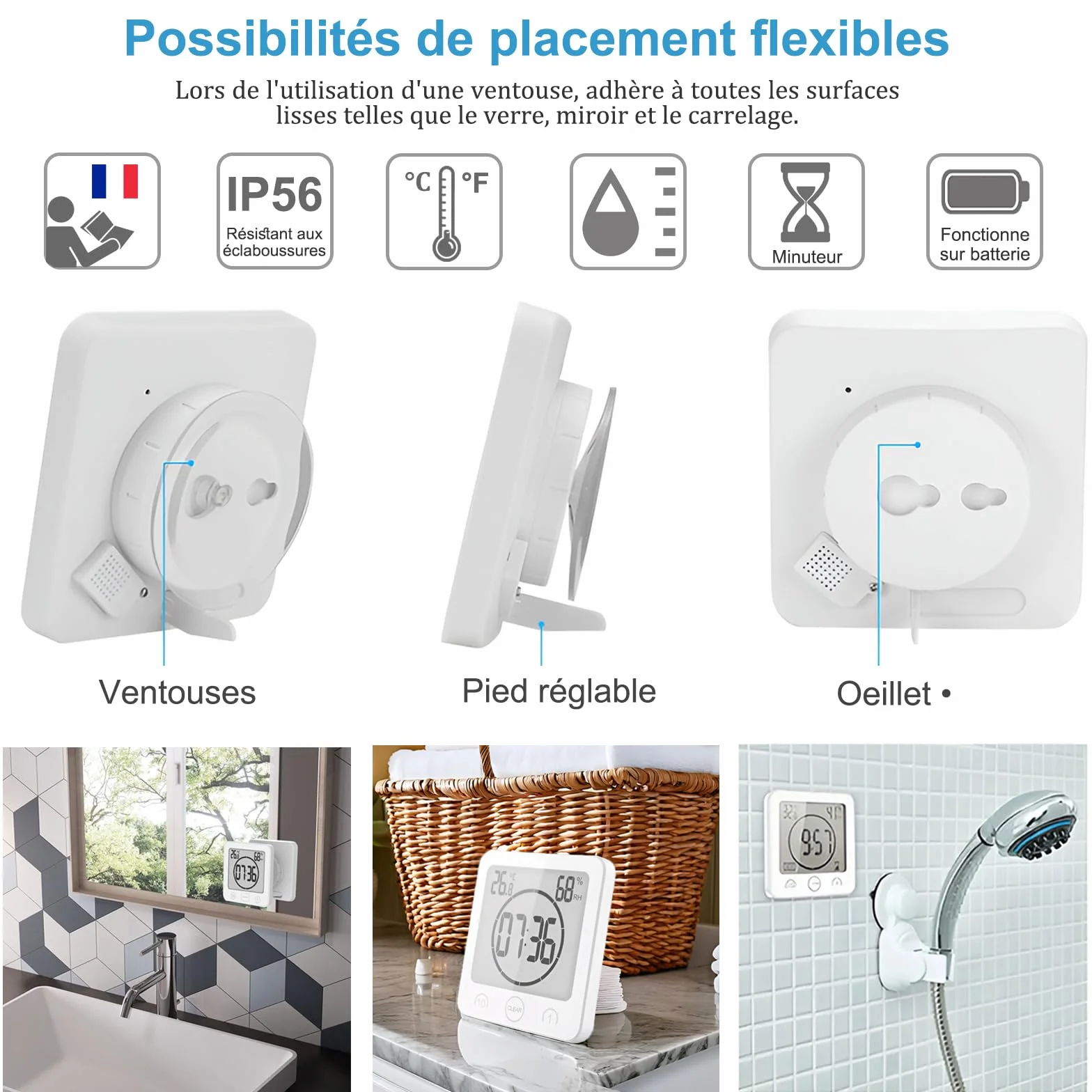 Horloge de salle de bain numérique à ventouse avec écran LCD, affichage humidité température, minuteur, blanc