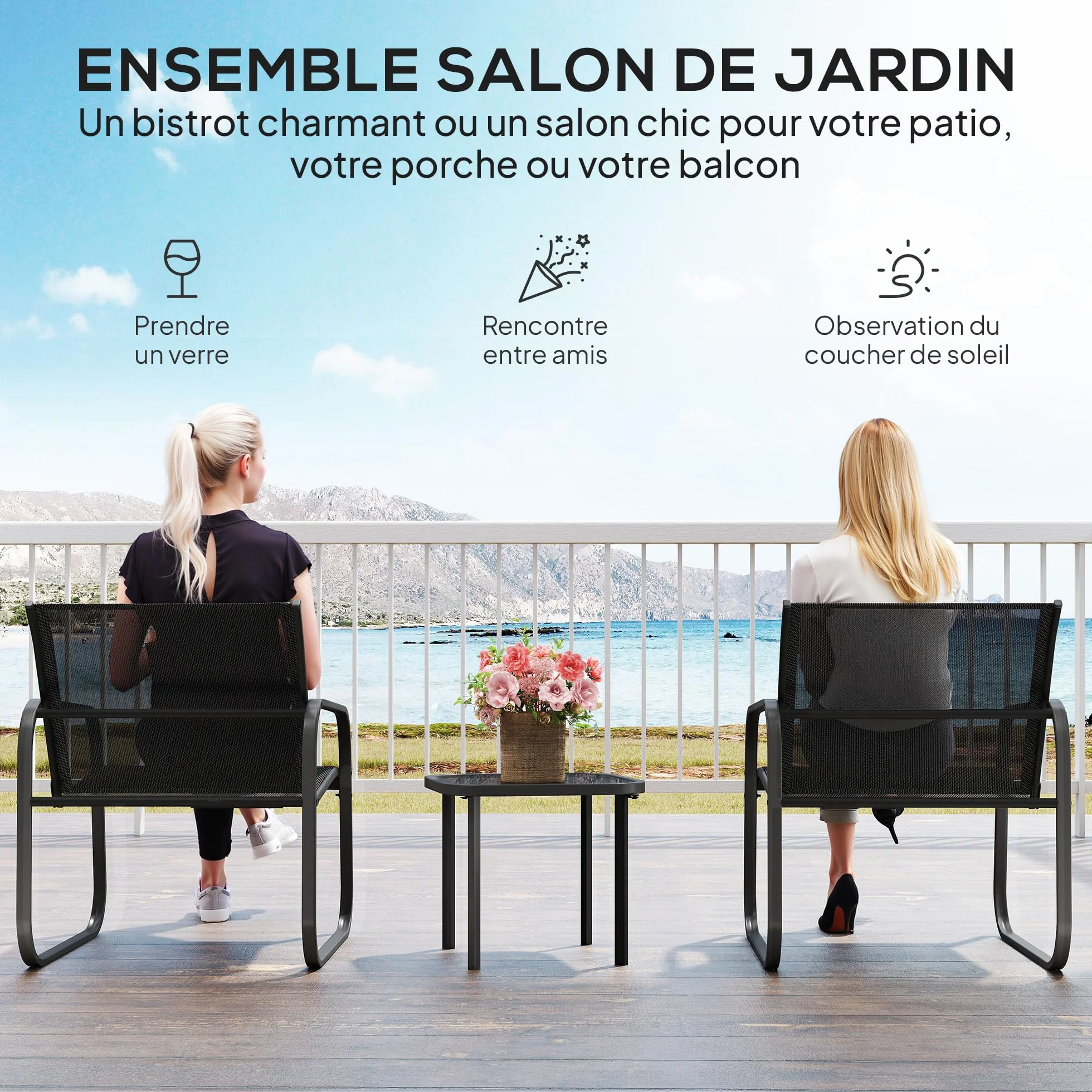 Outsunny Ensemble Bistrot Jardin 3 Pièces, Salon Extérieur 2 Personnes, Chaises Maille Table Basse Verre Trempé Noir
