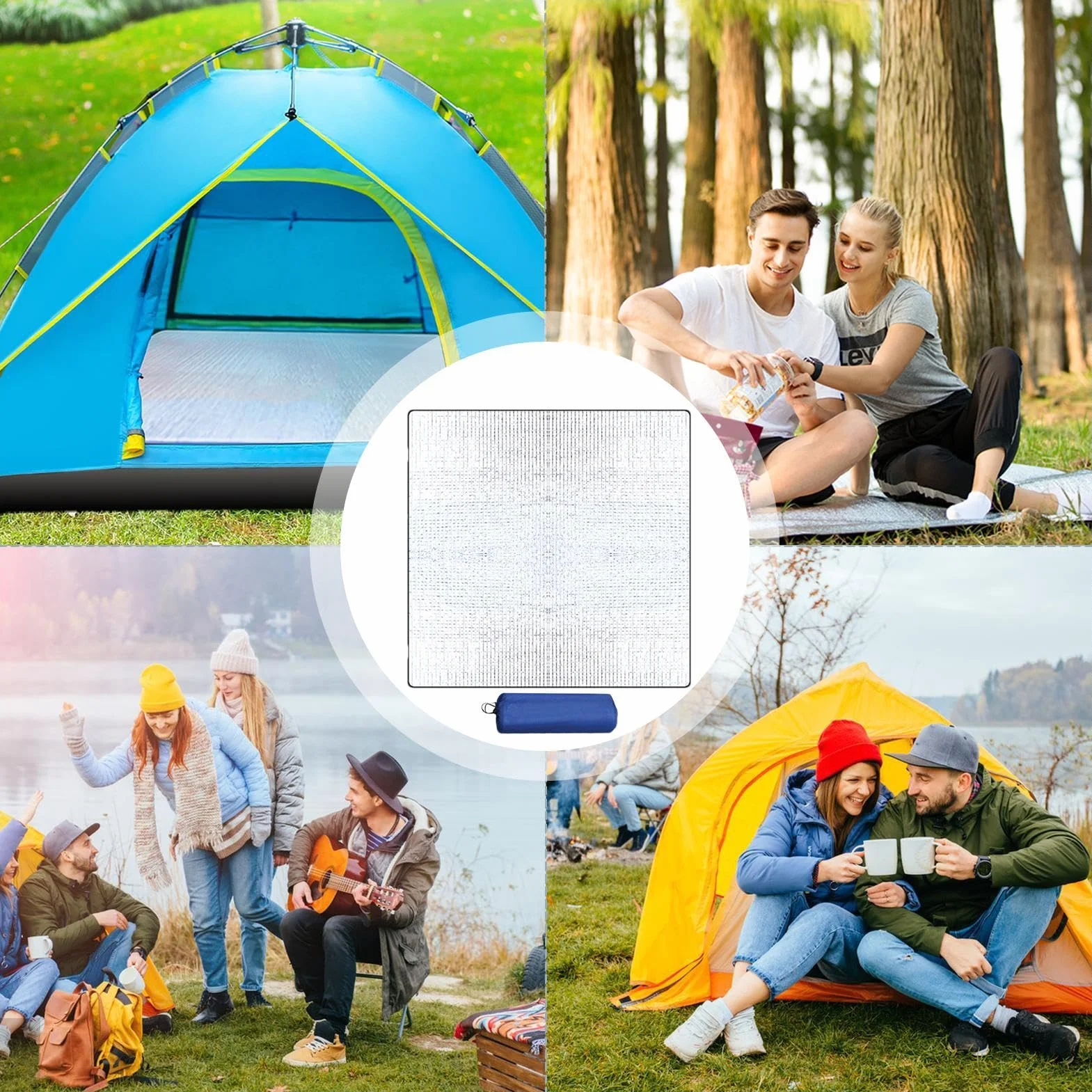 Tapis Isolant Camping, 200x200cm Tapis de Sol de Camping en Mousse, Tapis Isolant Thermique Aluminium Étanche, Pliable Tapis de Tente Double Face pour Camping Randonnée Voyage Pique-Nique Extérieur