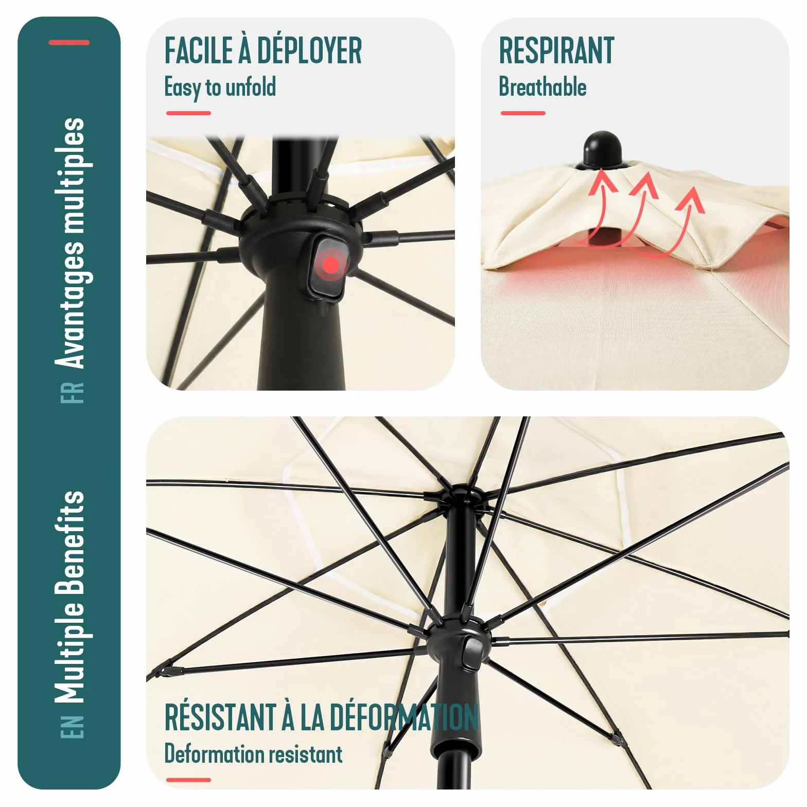 Parasol de Jardin 200cm Inclinable Hauteur Réglable Protection UV 50+ Beige