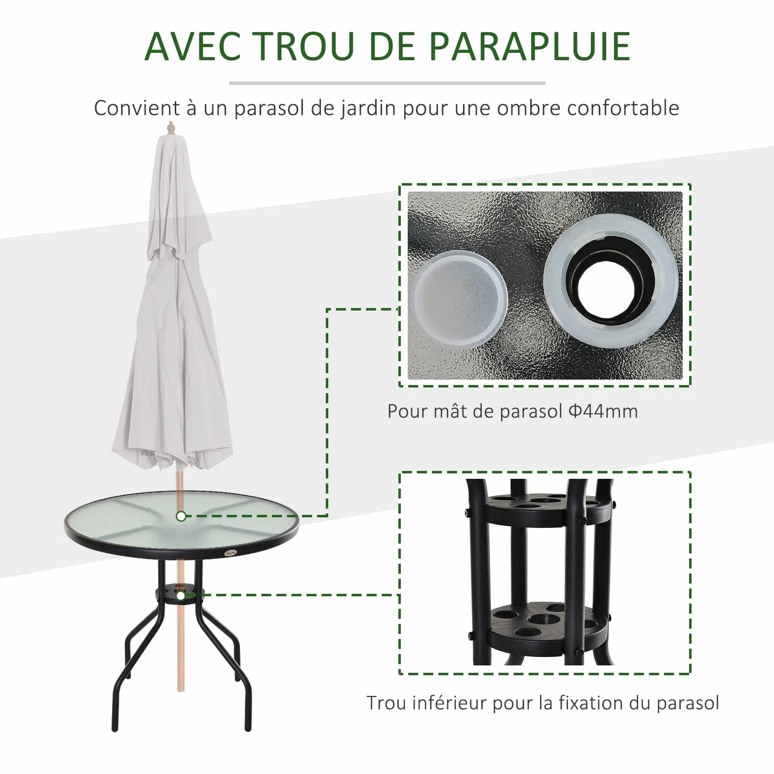 Outsunny Table Ronde Bistro de Jardin Ø 80 x 72H cm Acier époxy Noir Verre trempé Parasol