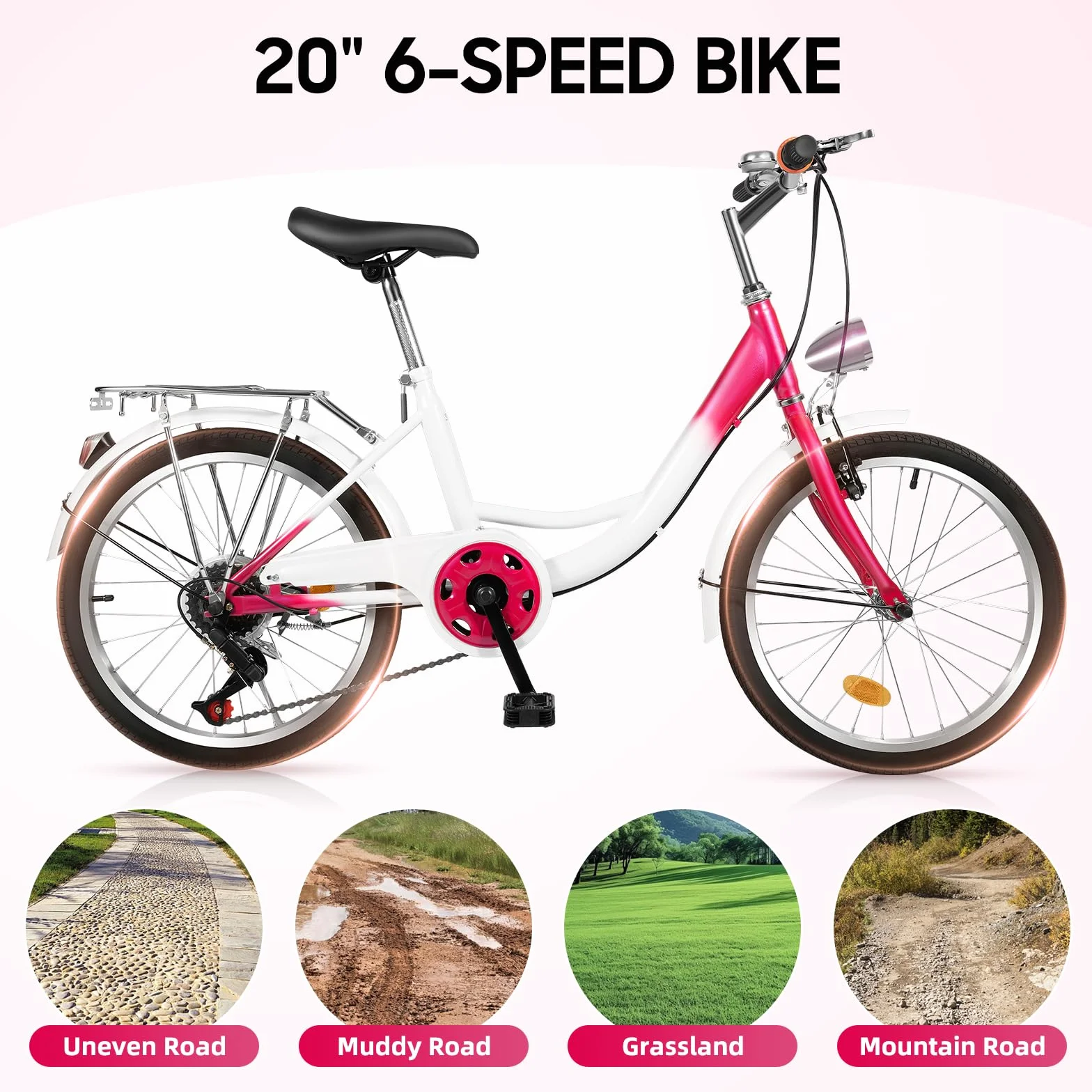 Vélo 20 pouces fille 6 vitesses freins doubles rose blanc