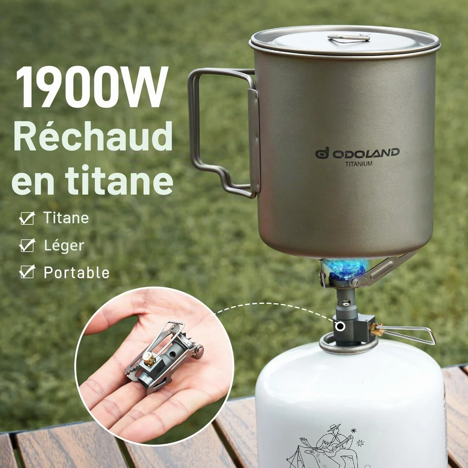 Odoland Tasses en titane de 750 ml, mini réchaud en titane ultra léger de 1900 W, tasse à café de camping avec couvercle et spork, poignée pliable pour camping, randonnée, voyage et trekking