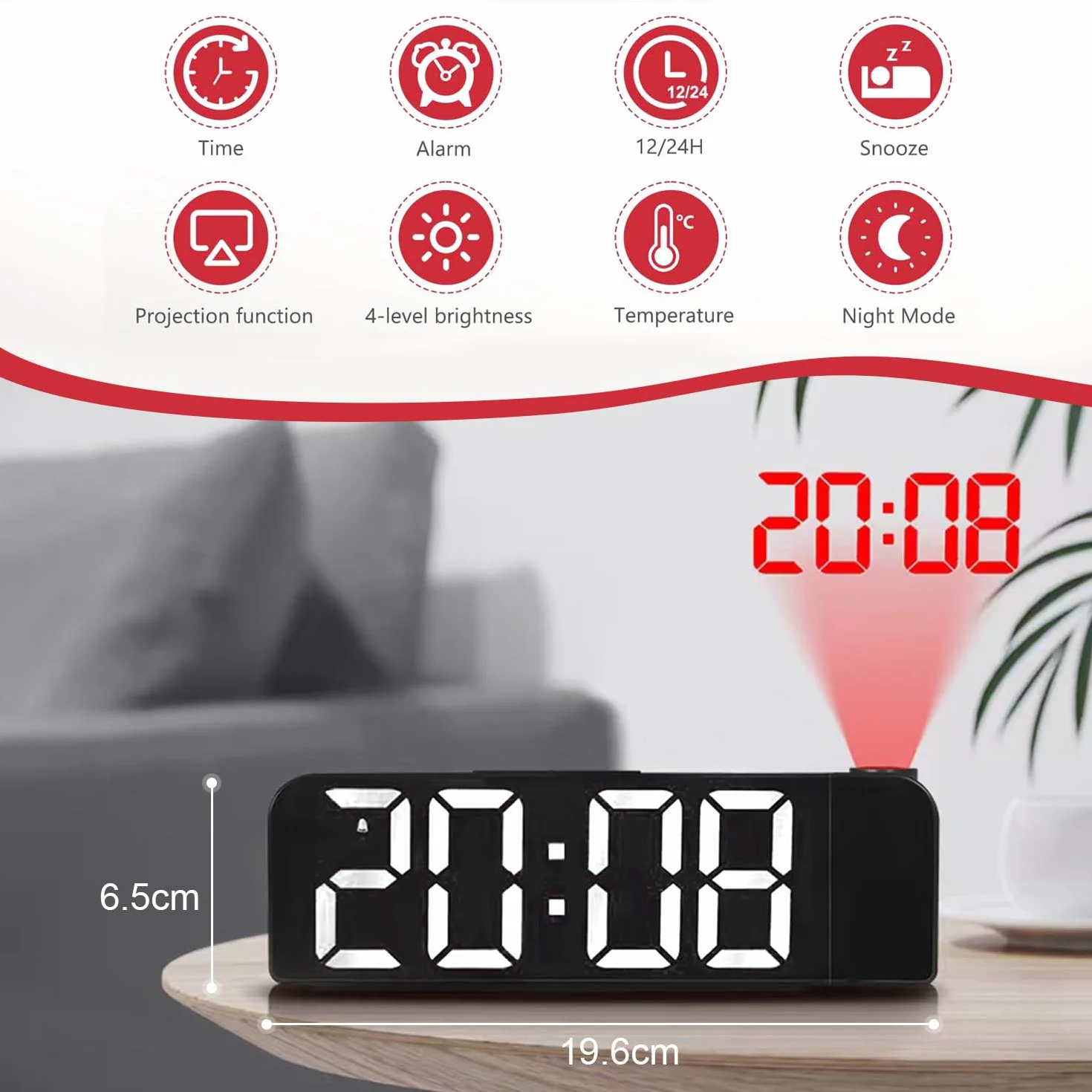 Réveil Projecteur Plafond avec Température, Horloge Numérique LED Projection 180° Luminosité Réglable