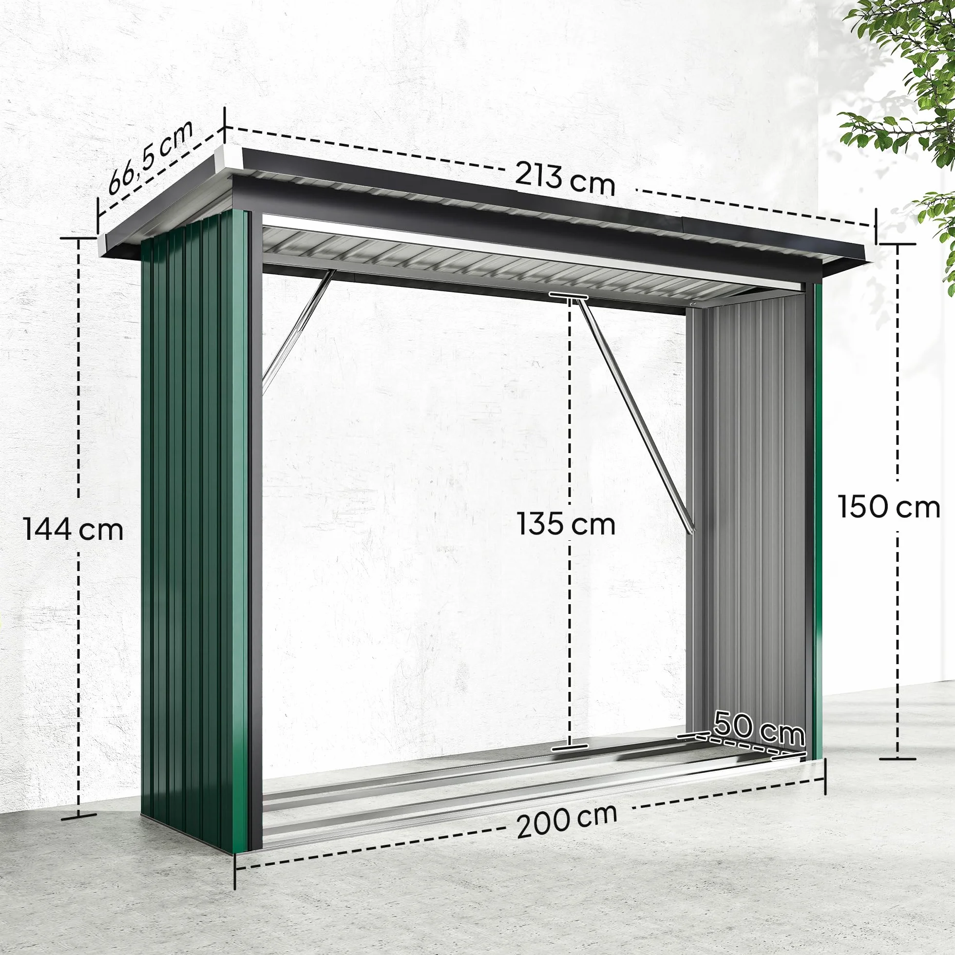Outsunny Abri-bûches Acier Galvanisé Support Bois de Chauffage 213x66,5x150cm Vert