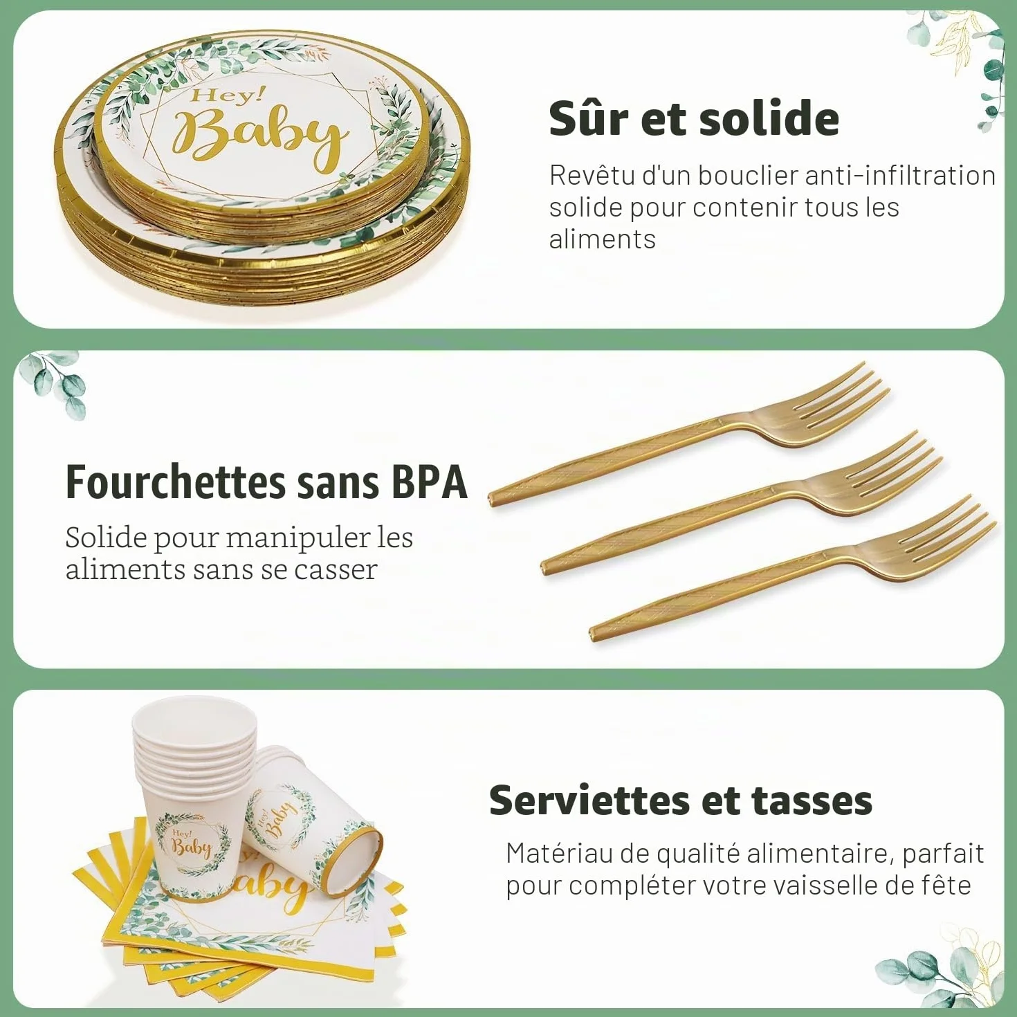 Baby Shower Vaisselle Assiette Sert 25 Invités 125pcs Neutre Bapteme Vert Sauge