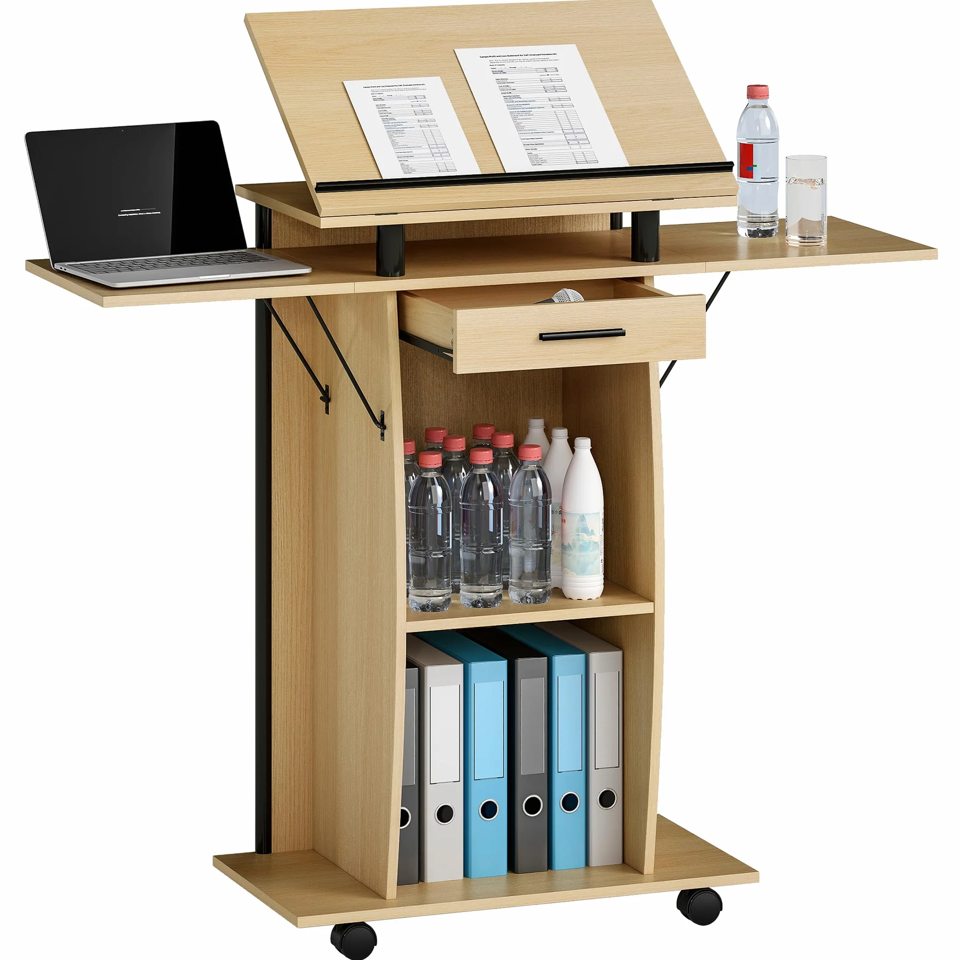 HOMCOM Podium avec roulettes ailes latérales pliantes support inclinable tiroir chêne 126 x 37 x 136 cm