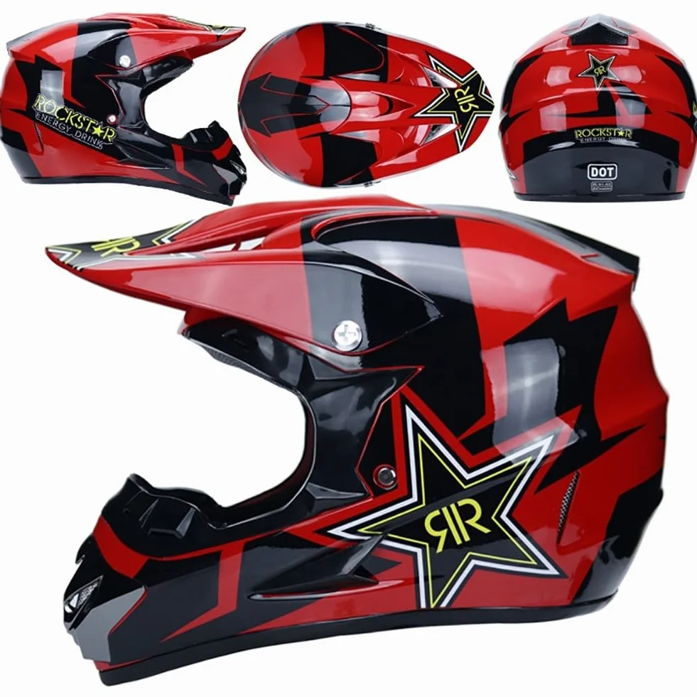 Casque Motocross Enfant avec Lunettes Masque Gants Toile d'Araignée Intégral MX Enduro