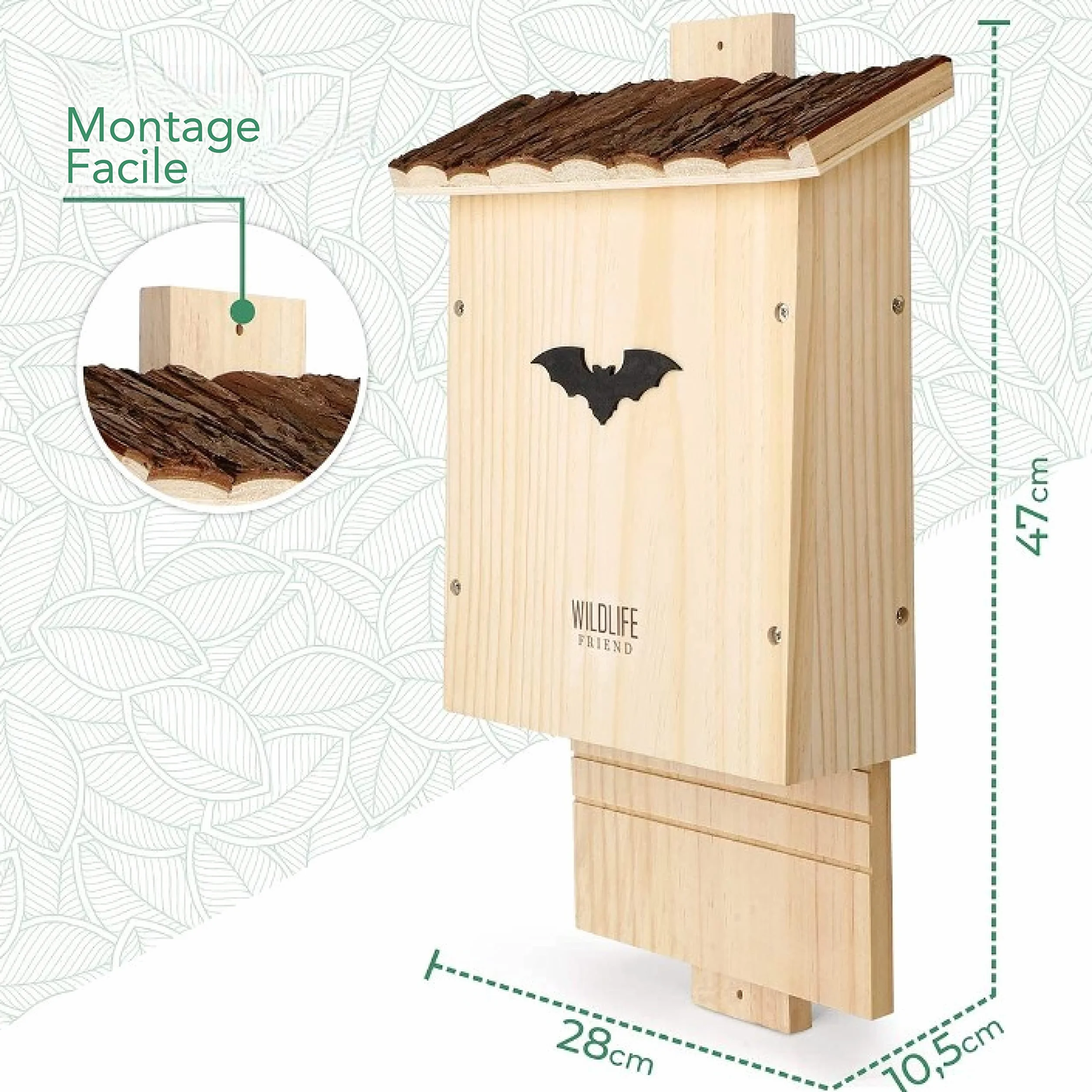 Wildlife Friend Grand Nichoir Chauve Souris en Bois - Toit en Écorce, Résistant aux Intempéries, Abri été et hiver