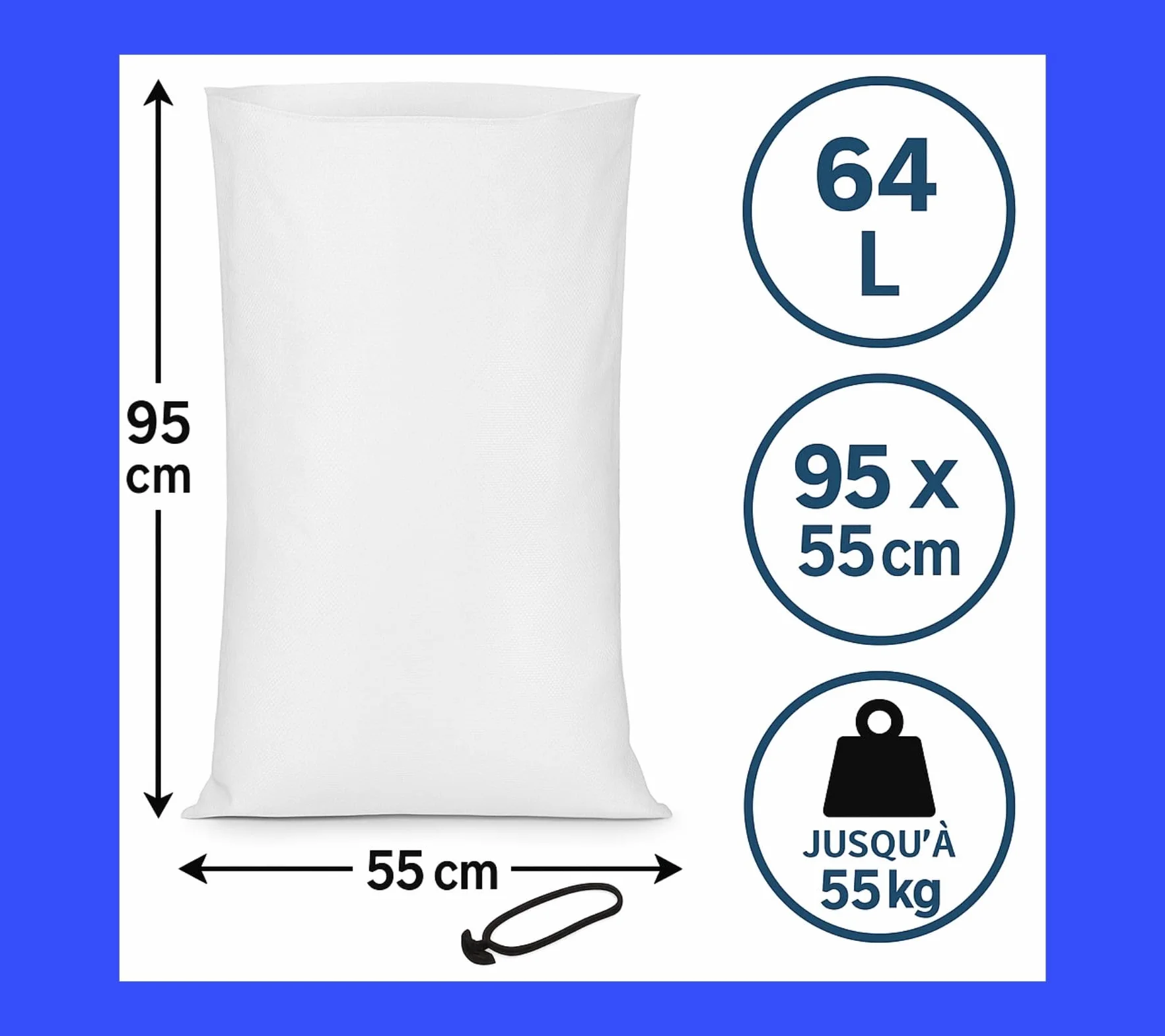 Sacs de Gravats 64L 95x55 cm Polypropylène Tissé Blanc 20 Attaches Caoutchouc Gants Résiste 55 kg Réutilisables