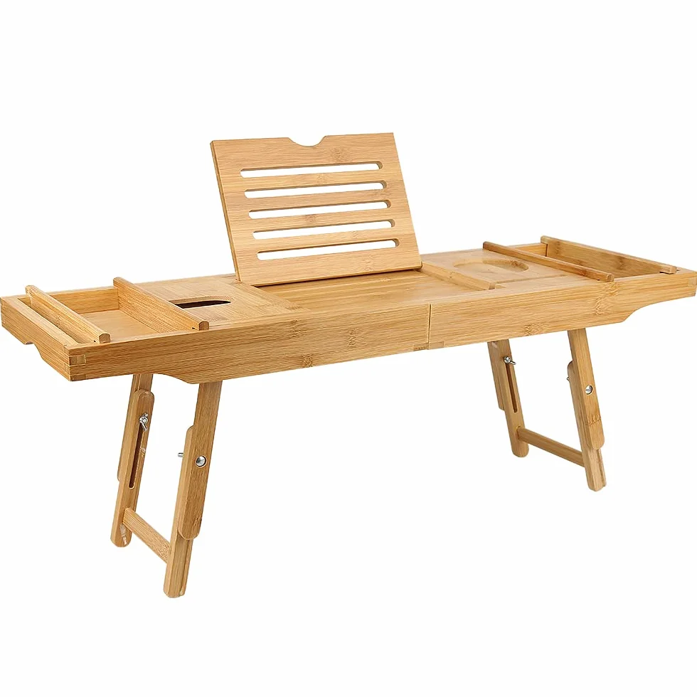 Plateau de Bain en Bambou, Pont de Baignoire Extensible, Etagère avec Rangement et Porte-Savon, 75-109cm