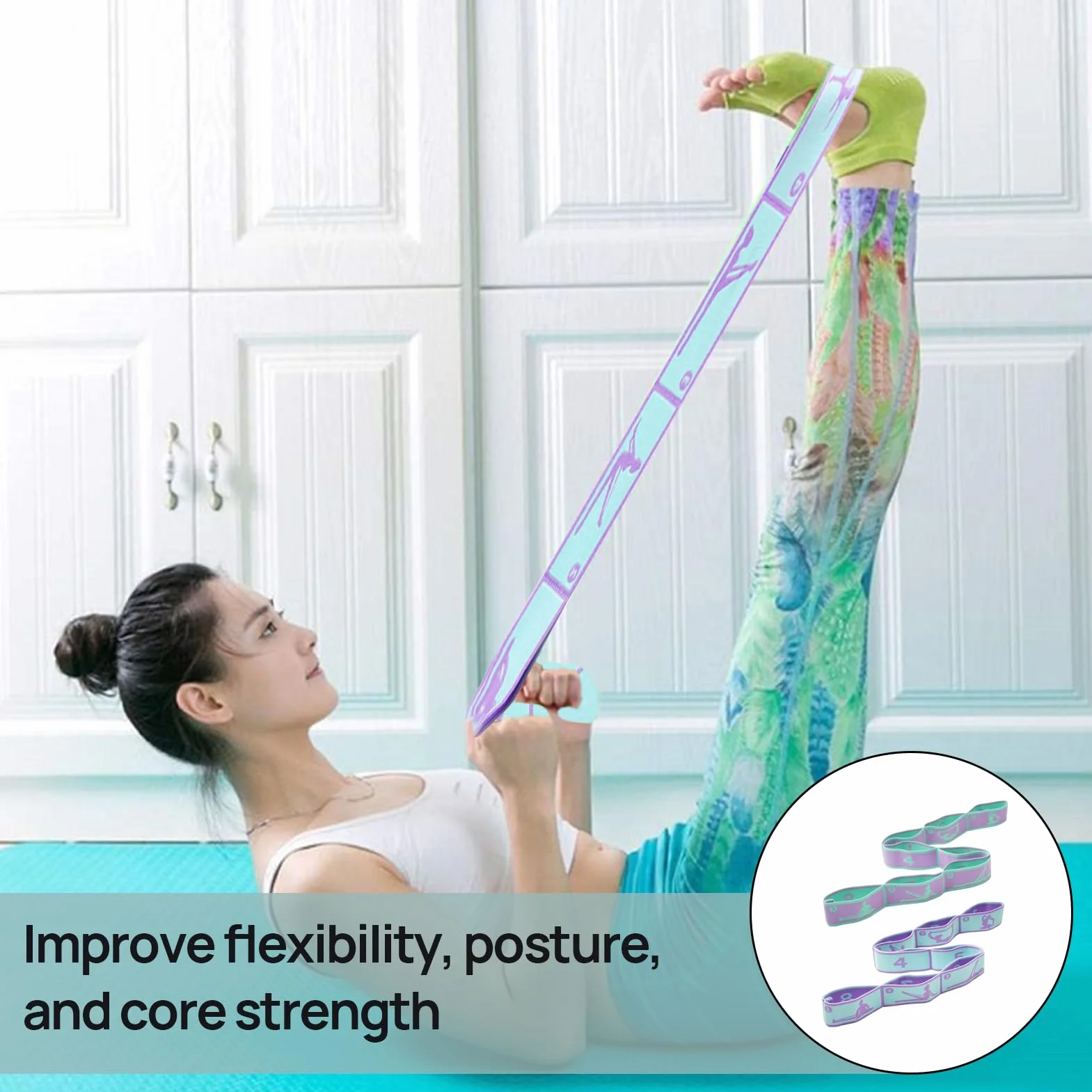 Lot de 2 Bandes de résistance à 8 Boucles, Sangle de Yoga, pour des étirements et Un entraînement de Yoga efficaces, Bande de Fitness, Bande d'étirement et Bande d'exercice en Un, idéales pour Les
