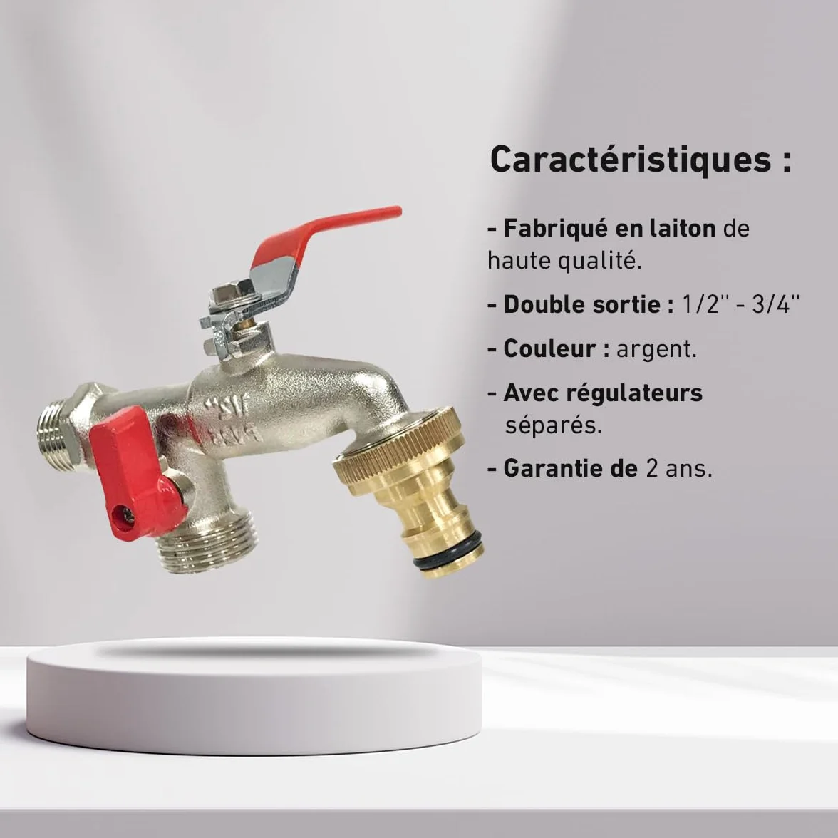 Robinet de Jardin Premium Double Sortie 1/2" - 3/4" Laiton Argent Aqua Control G6354