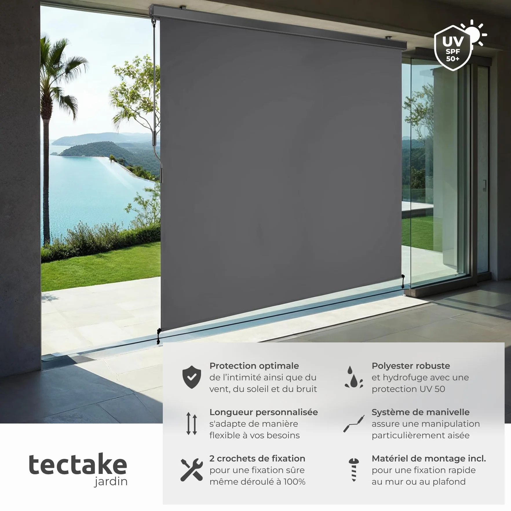 Store Vertical Enroulable Brise Soleil avec Manivelle Acier laqué époxy Gris foncé 200 x 250 cm