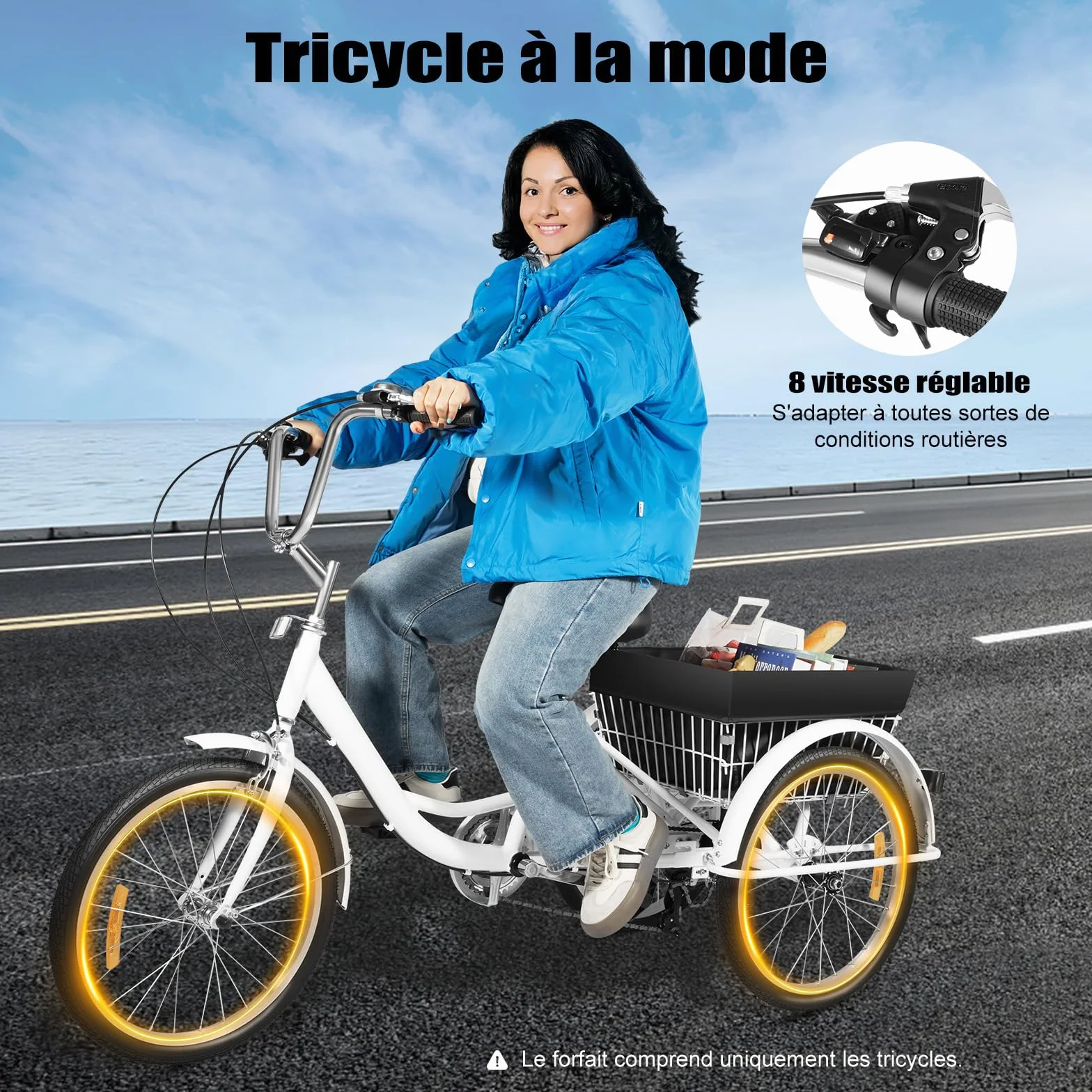 Tricycle de 20 pouces pour adultes, 3 roues 8 vitesses avec panier pliable, tricycle réglable pour seniors, croisière, vélo de ville