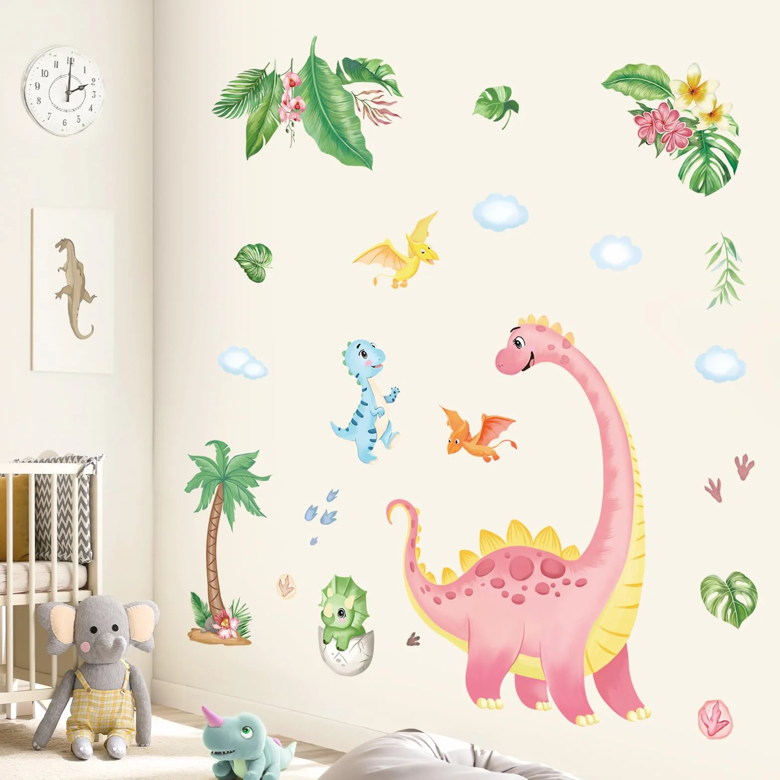 Autocollants Muraux Dinosaure Aquarelle Rose Dino Empreinte Nuages PVC Amovible Enfants Chambre