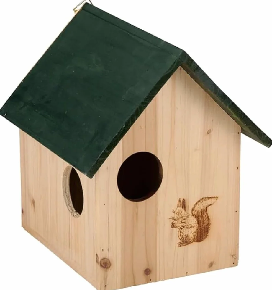 Maison Ecureuil Nichoir Oiseaux Exterieur 3 Ouvertures Crochet Suspension 25x26x28 cm