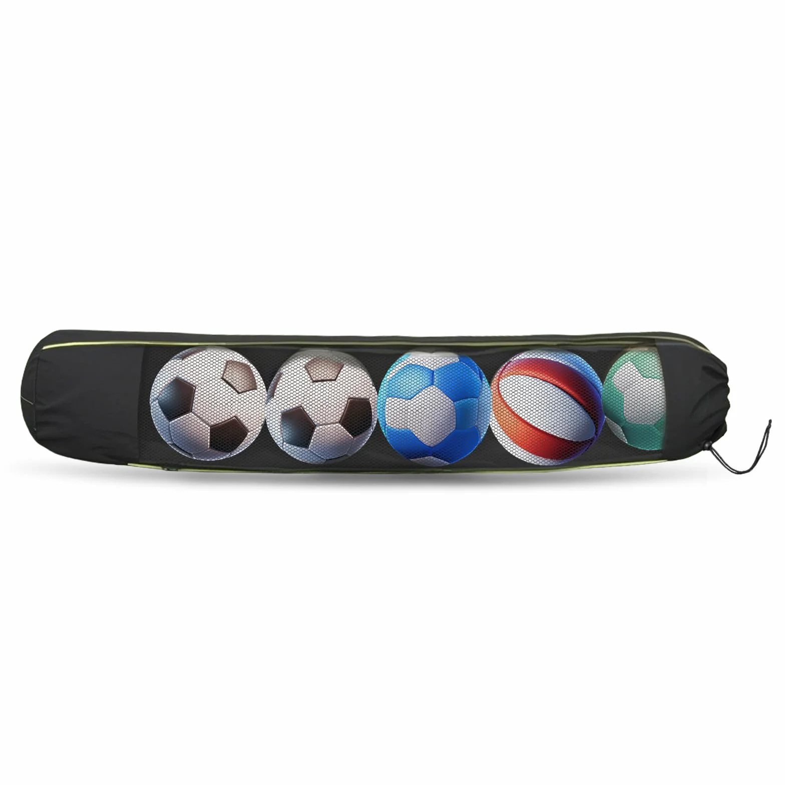 122x38cm Sac à Ballons, Sac de Football Long en Filet en Polyester pour 5 Balles, pour Ballon de Basket, Volley-Ball, Football, Rugby (Noir)