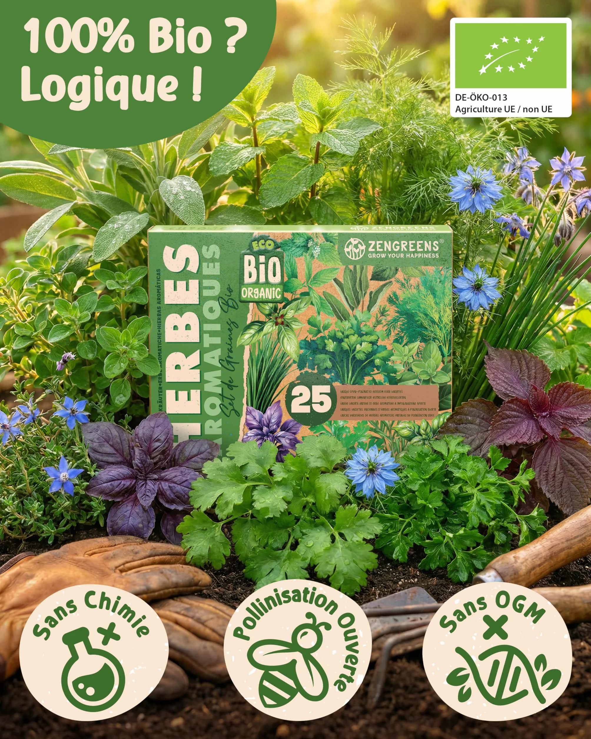 Kit de graines de herbes aromatiques bio 25 variétés ZenGreens® pour jardin balcon jardinière