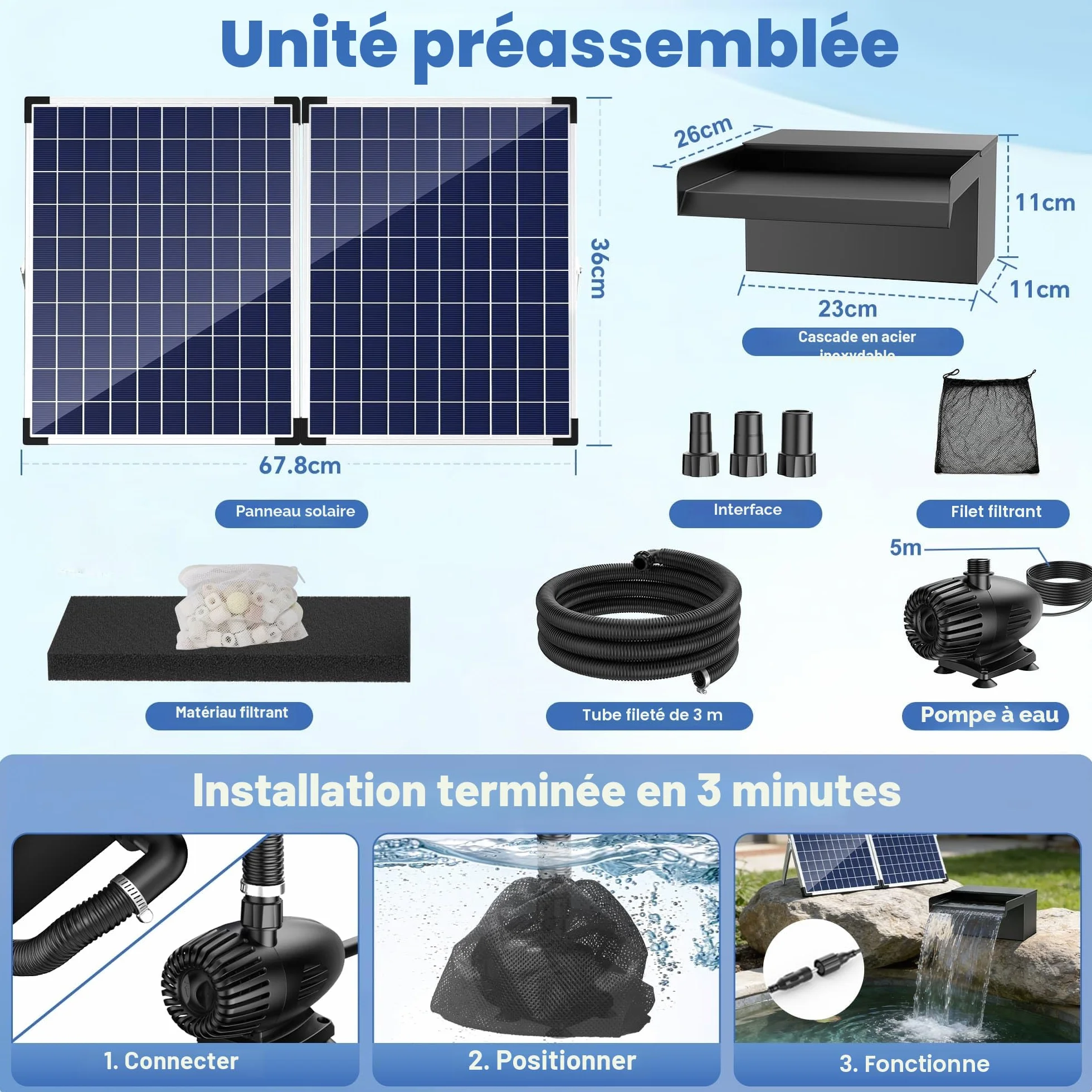 Ensemble complet de cascade solaire en acier inoxydable 50W pompe 40W 2100L/H 20 cm pour bassin de jardin