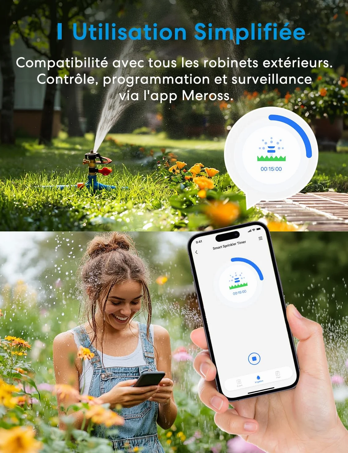 Meross Programmateur Arrosage WiFi MST100, Arrosage Automatique APP, Raccord Double Laiton, Compatible HomeKit Alexa Google Home, Blanc 2.4GHz