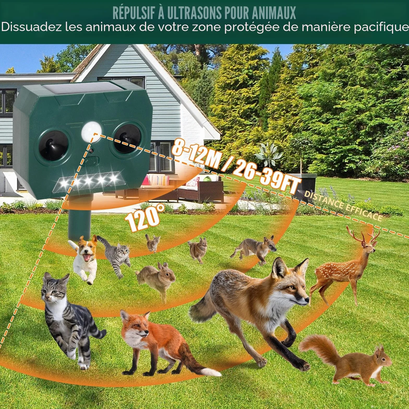 Repulsif Chat Exterieur Ultrason Solaire Impermeable IP45 12m 120° Effaroucheur Animaux Jardin LED