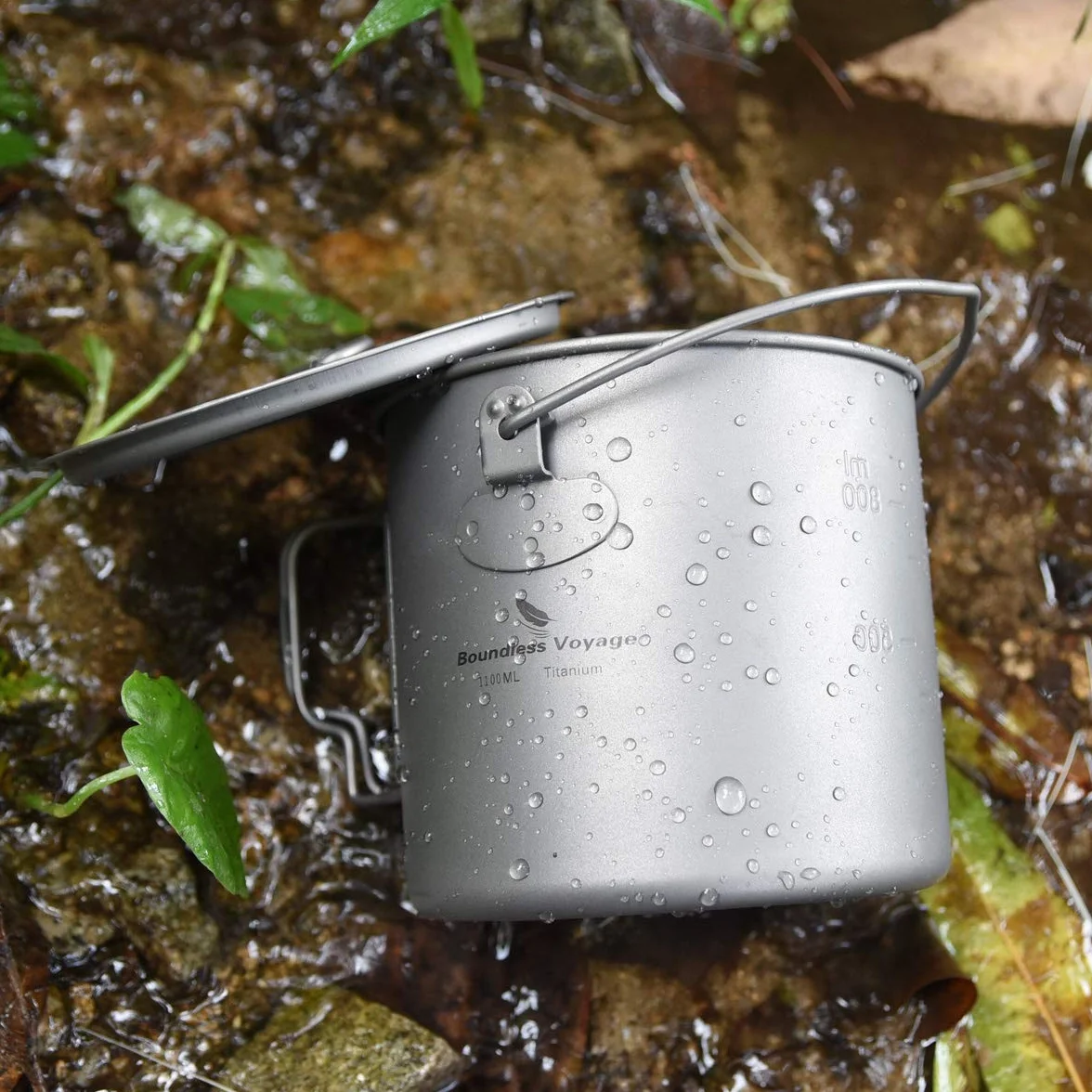 Boundless Voyage Outdoor 300ml 750ml 1100ml 1300ml 2900ml Titanium Pot with Lid Folding Bail Handle Camping Hiking Picnic Ultralight Portable Water Bottle Cup Mug Spork Set
