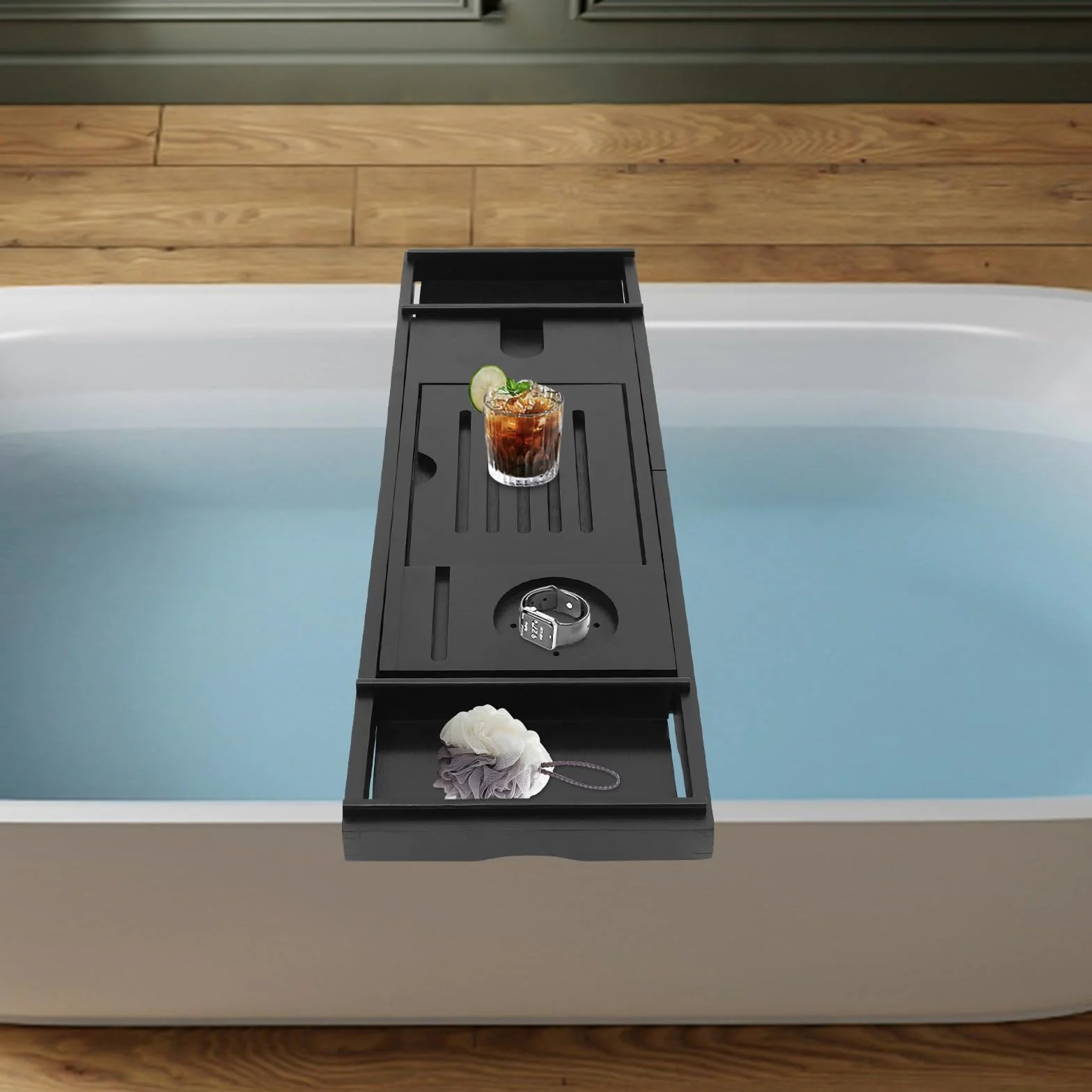 Bambou Plateau de baignoire extensible 75-111 cm noir avec porte-gobelet support tablette réglable