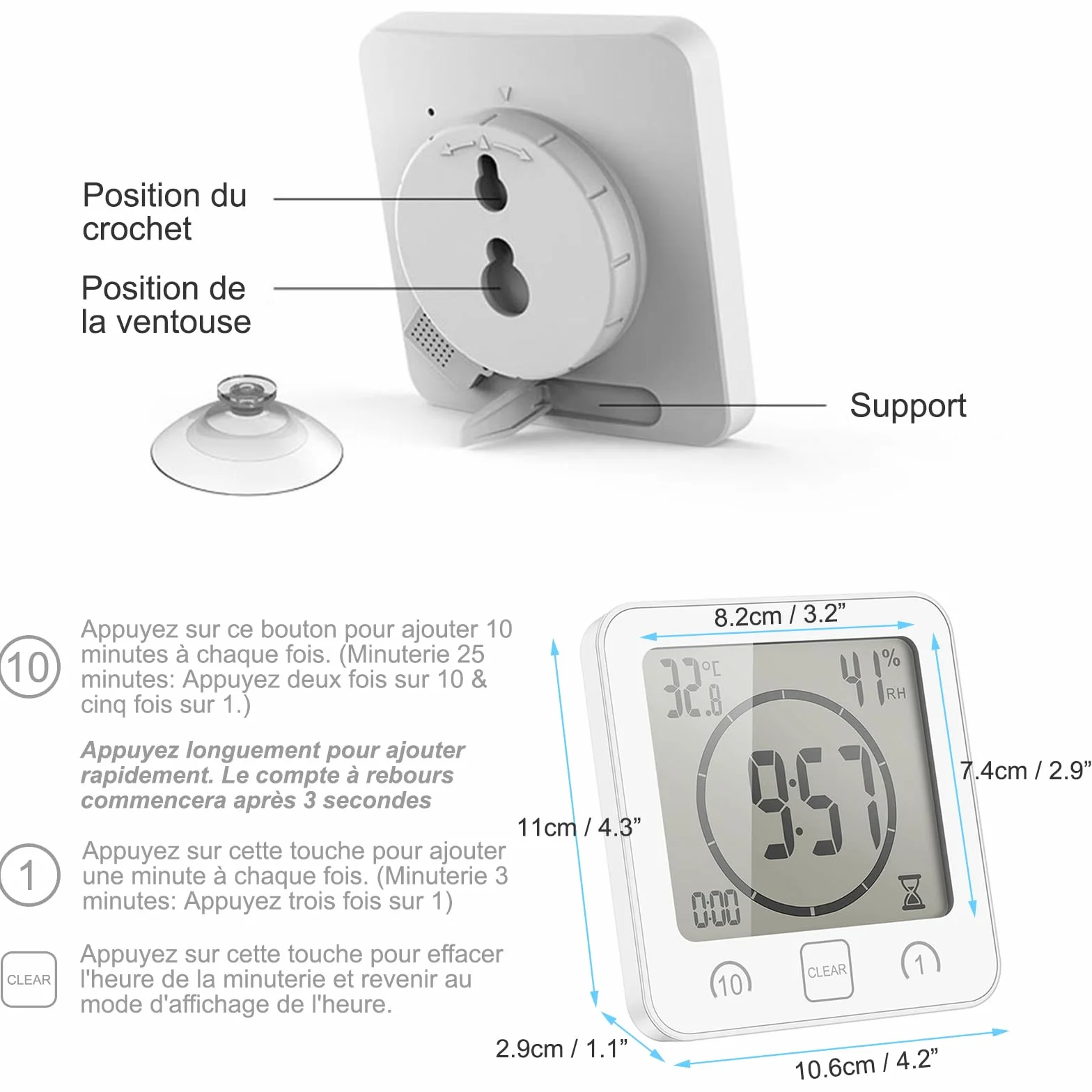 Horloge de salle de bain numérique à ventouse avec écran LCD, affichage humidité température, minuteur, blanc