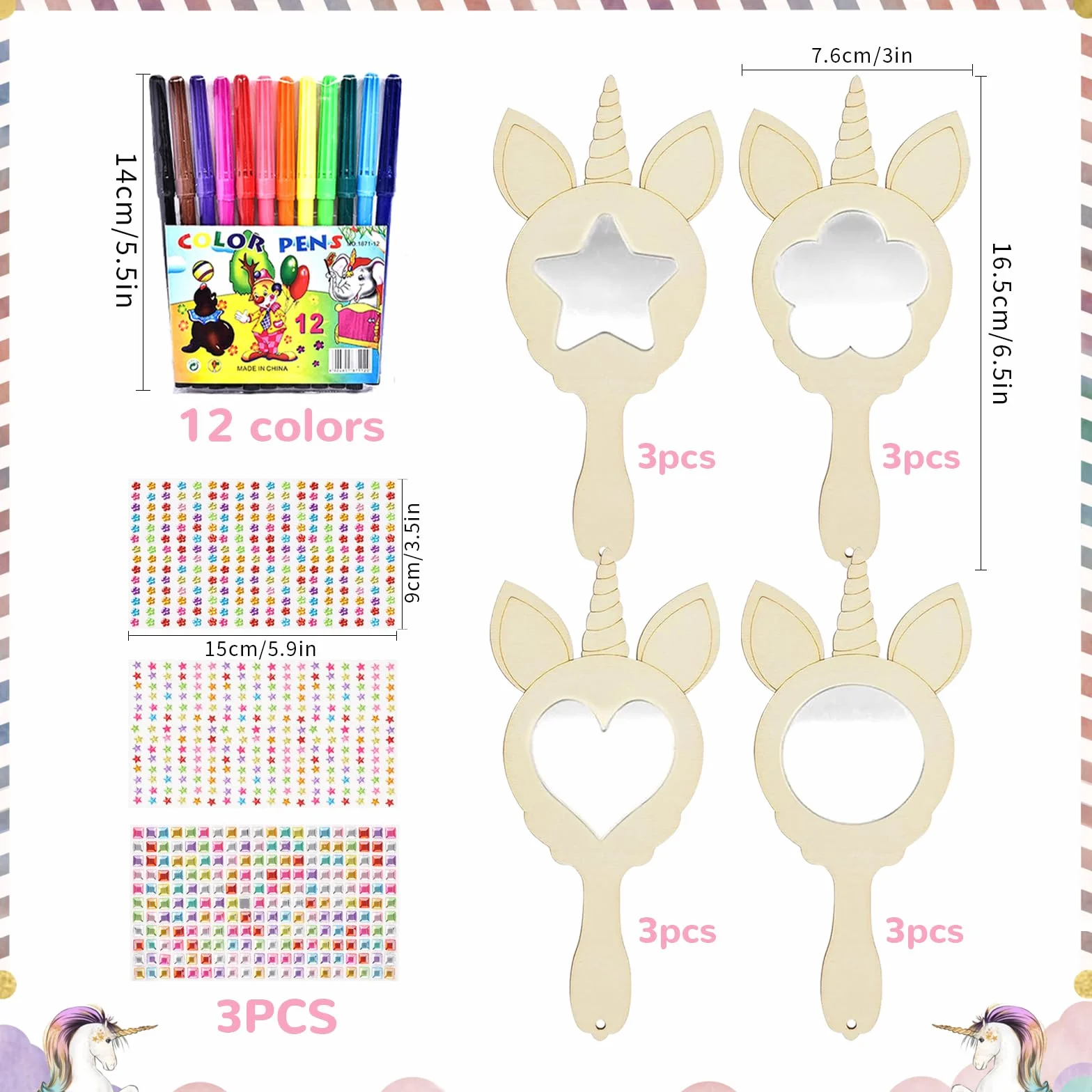Bricolage Miroir Couronne Princesse en Bois 12 Pièces DIY Miroirs à Colorer avec Pinceaux