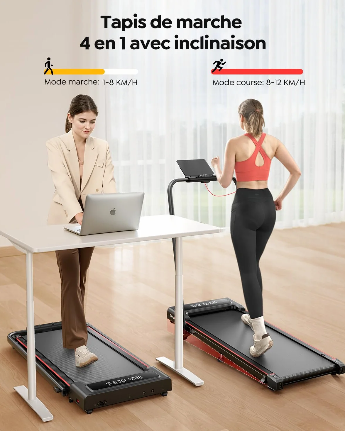 Tapis de Course, Inclinaison de 9%, 12km/h,électrique Pliable 4en1,Compact et Portable,2.5 HP, Peut être placé sous Le canapé,télécommande,APP,Double écran LED, adapté au Bureau à Domicile