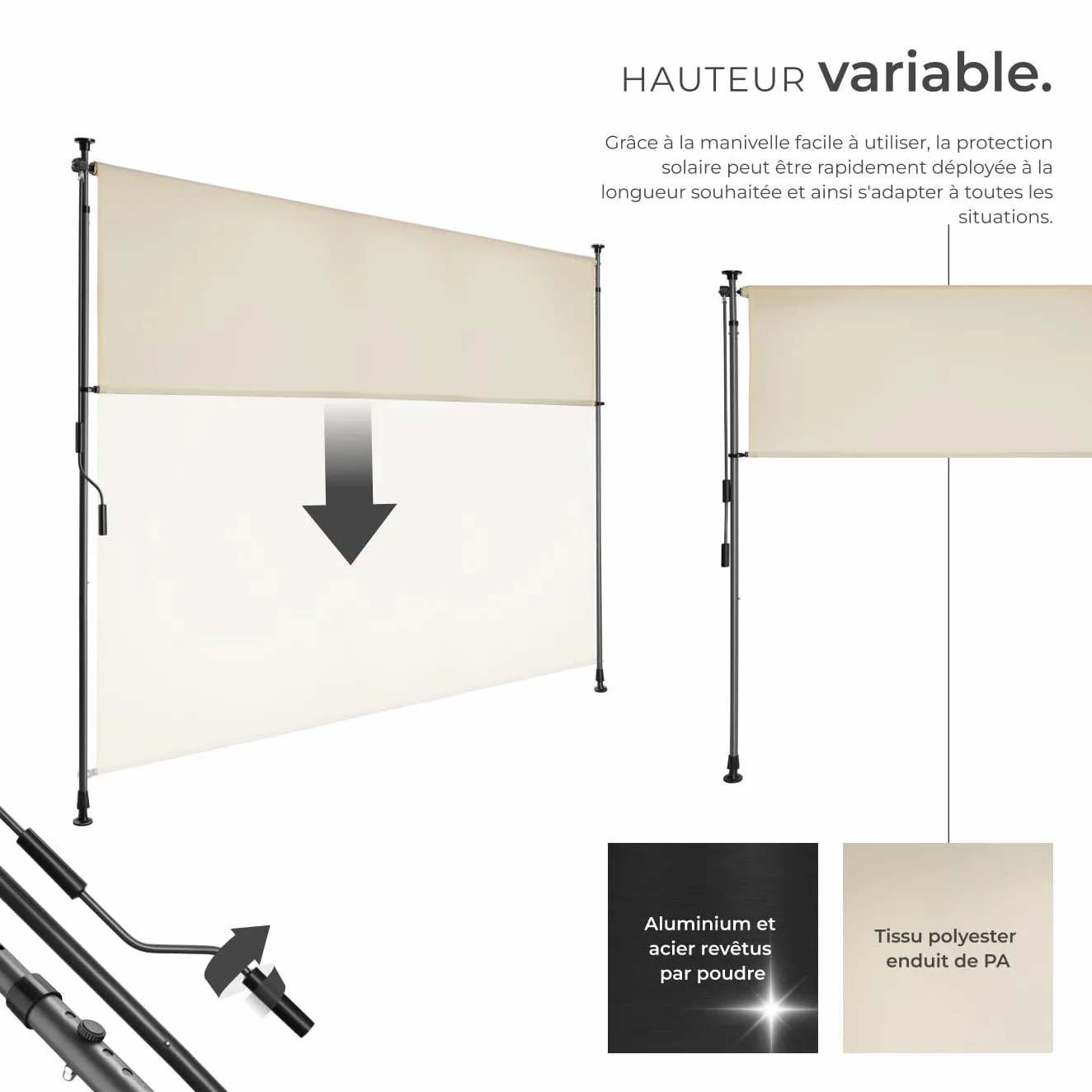 Store Banne sans Perçage Vertical avec Manivelle, Brise Soleil Opaque en Acier laqué époxy - Beige, 200 x 310 cm