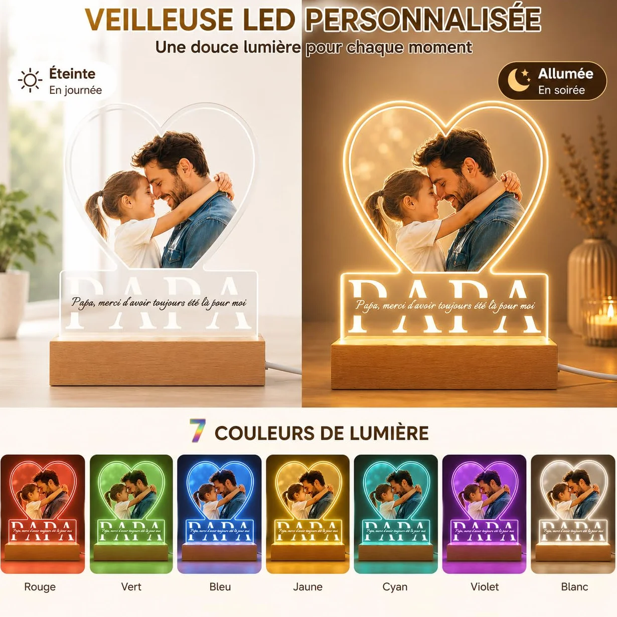 Plaque Personnalisée pour Papa – Lampe Photo Acrylique LED avec Cadre Photo, Cadeau Fête des Pères