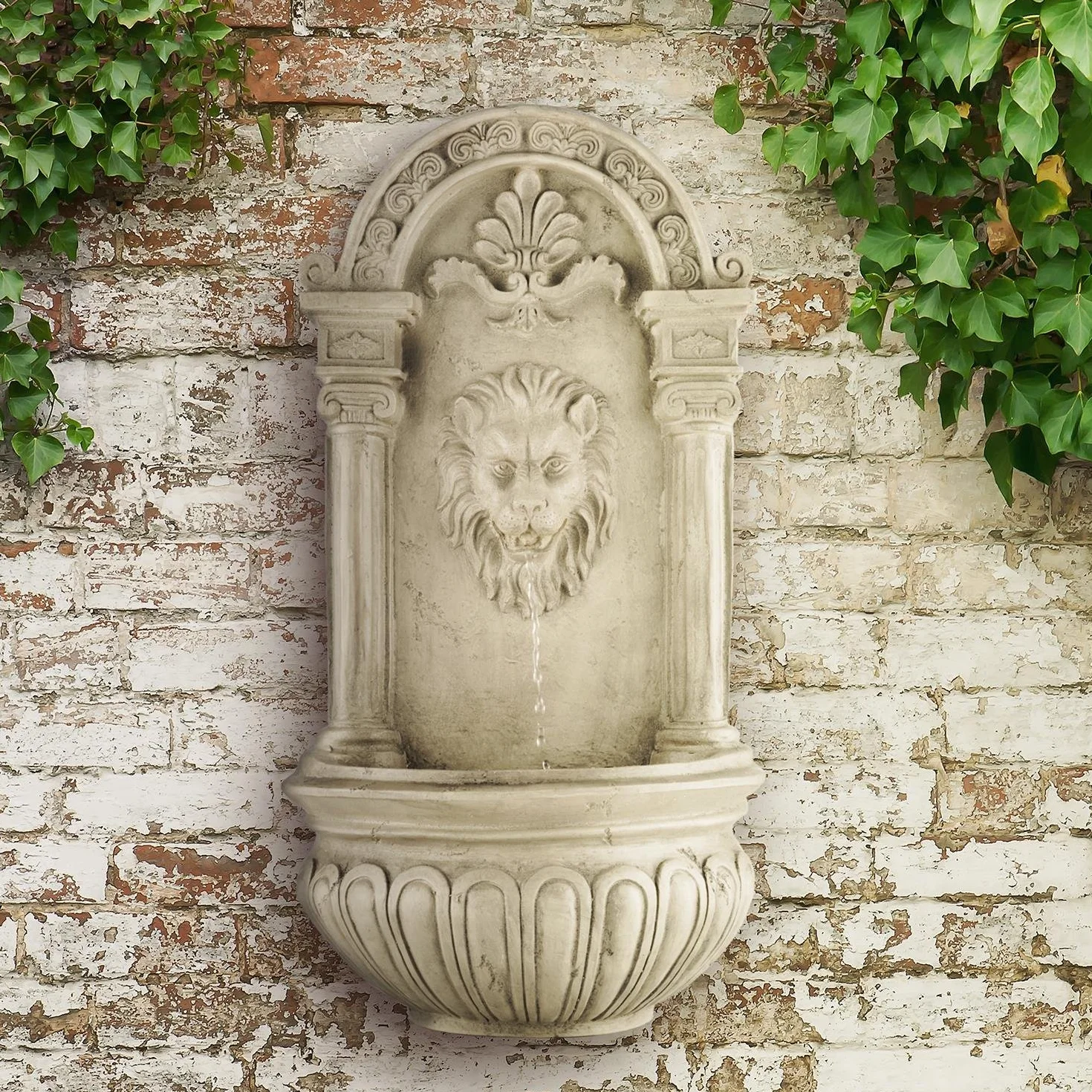 Blumfeldt Löwenstein Fontaine Murale Solaire Jardin Tête Lion Pompe Solaire 2W Polyrésine 4 LED Blanches Câble 5m Panneau Solaire Batterie Imitation Pierre