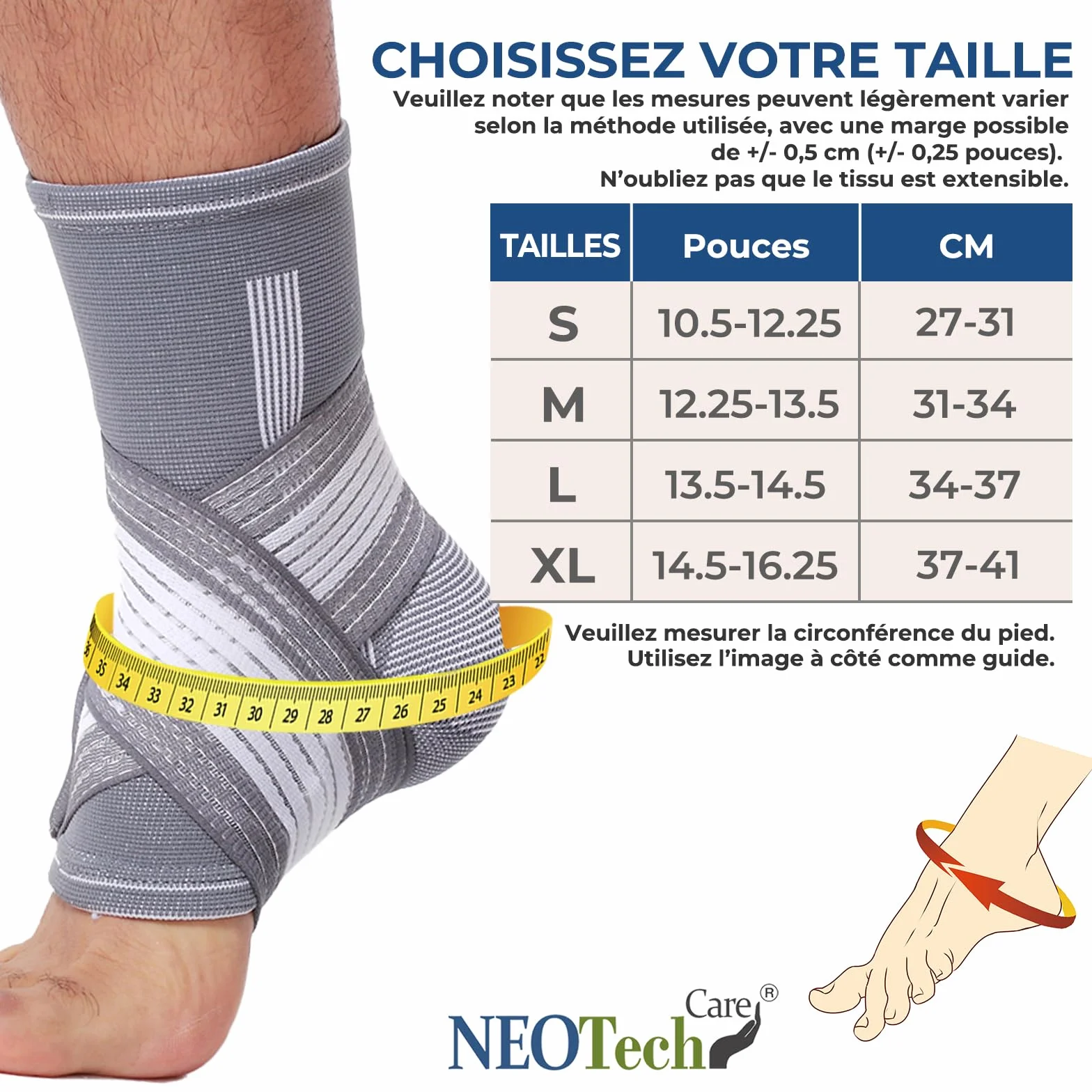 NEOtech Care Chevillière Compression AJUSTABLE - Protège-cheville pour gym sport - Ultra léger, élastique et respirant (Couleur grise, Taille M, 1 Unité)